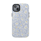 Montauk Daisy Cottage Blue MagSafe iPhone 14 Plus Case – Glossy | periwinkle blue, white graphic daisy and fern print, golden yellow centers MagSafe compatible, dual-layer protection