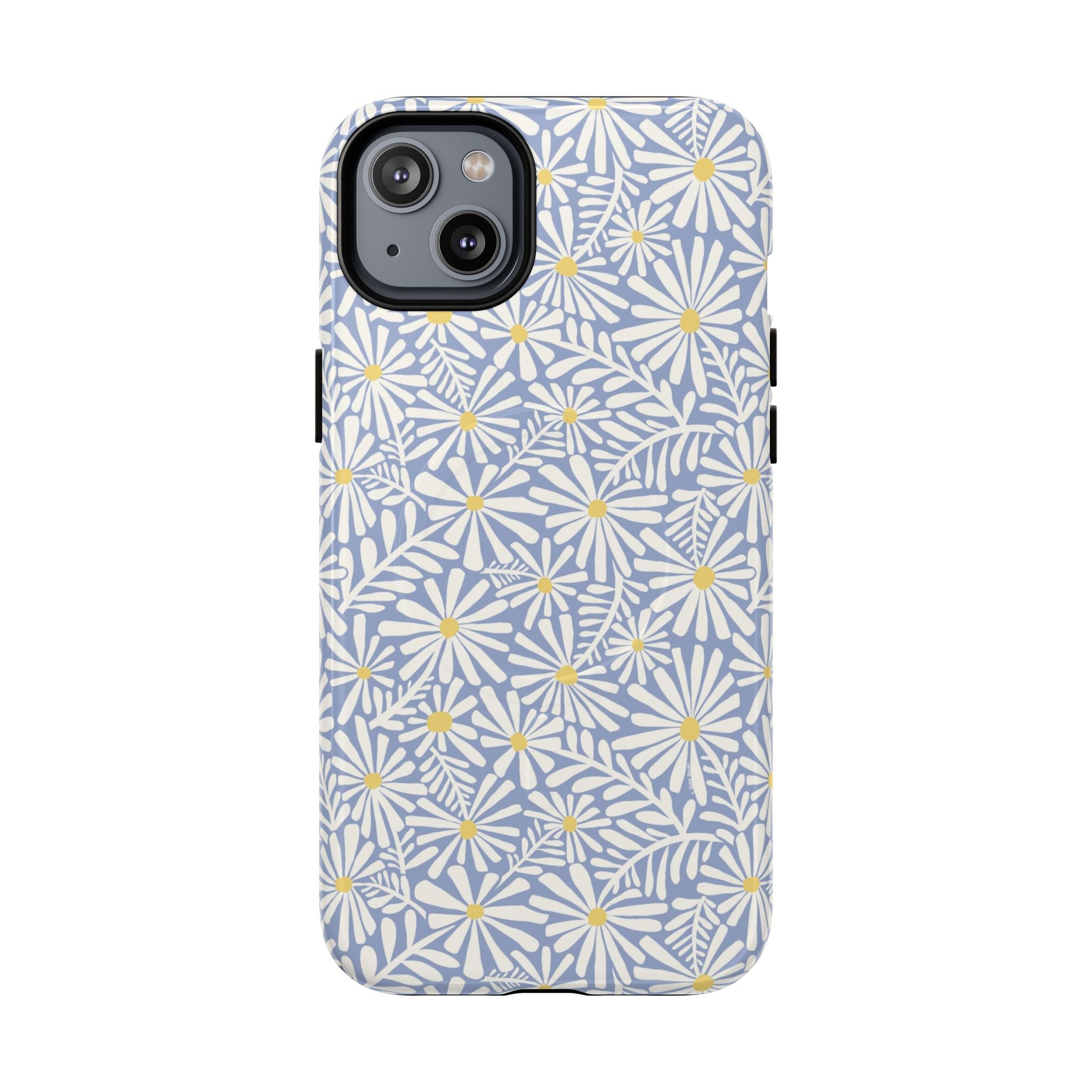 Montauk Daisy Cottage Blue MagSafe iPhone 14 Plus Case – Glossy | periwinkle blue, white graphic daisy and fern print, golden yellow centers MagSafe compatible, dual-layer protection