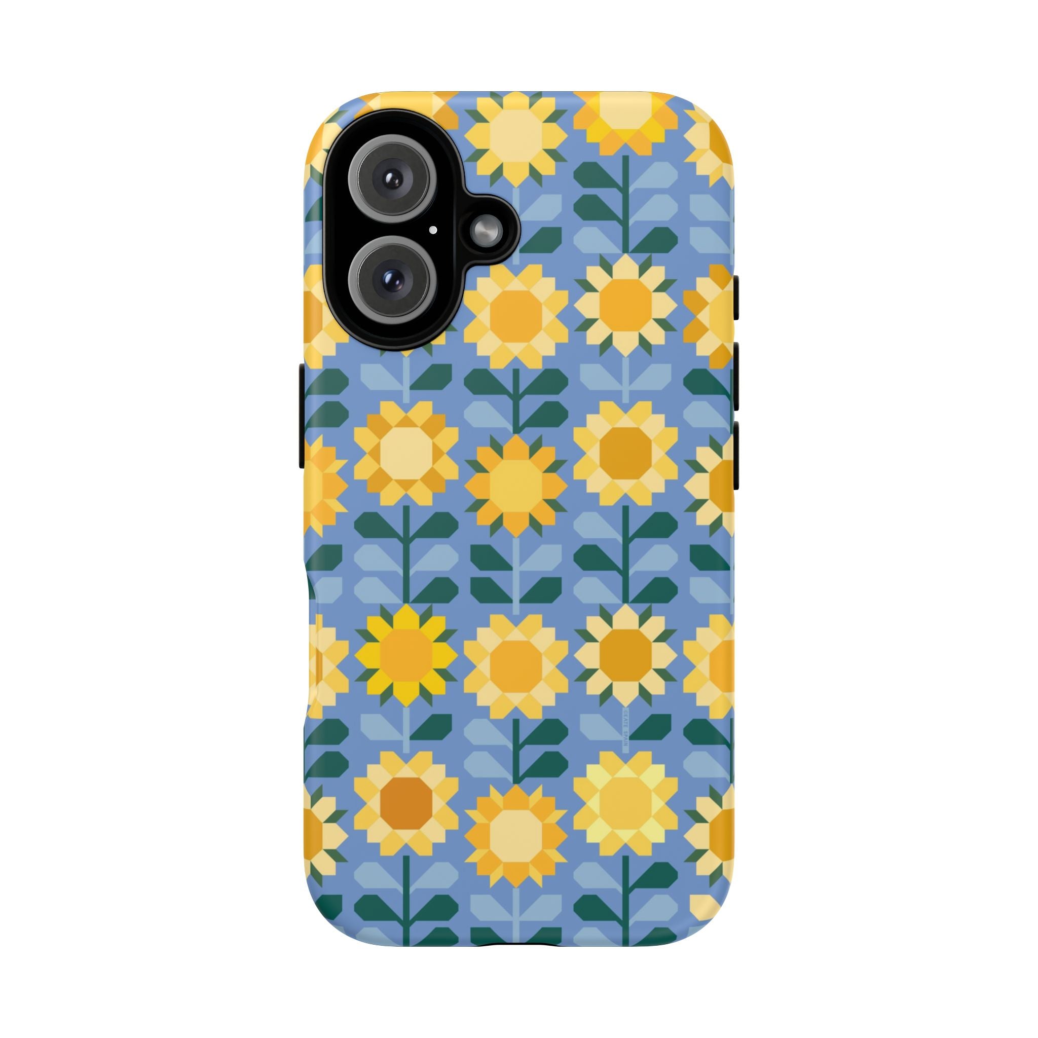 Sunflowers Tough iPhone 16 Case – Matte | blue, yellow, gold geometric sunflower print