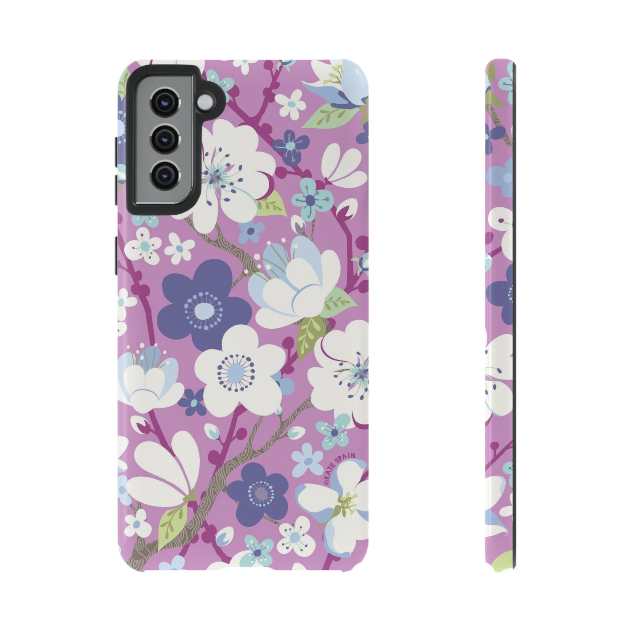 Cherry Blossom Samsung Galaxy S21 Plus Case – Glossy | mauve, white, periwinkle cherry blossom floral print