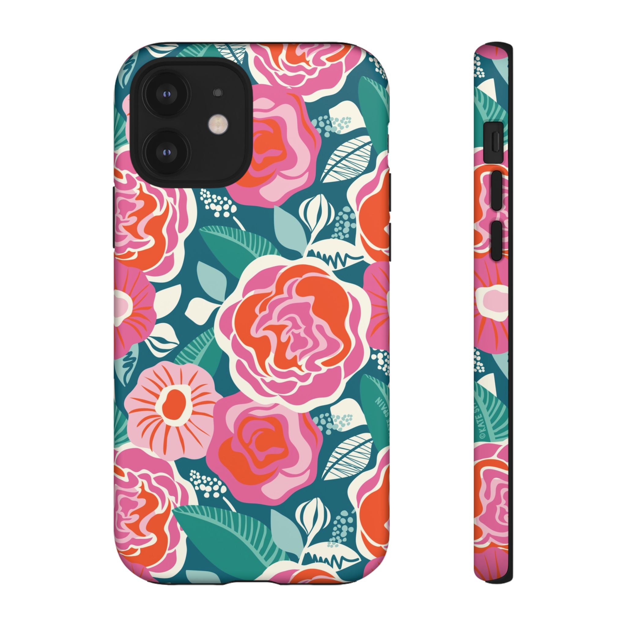 Tea Rose Teal Tough iPhone 12 Case – Matte | teal, coral, pink botanical rose floral print