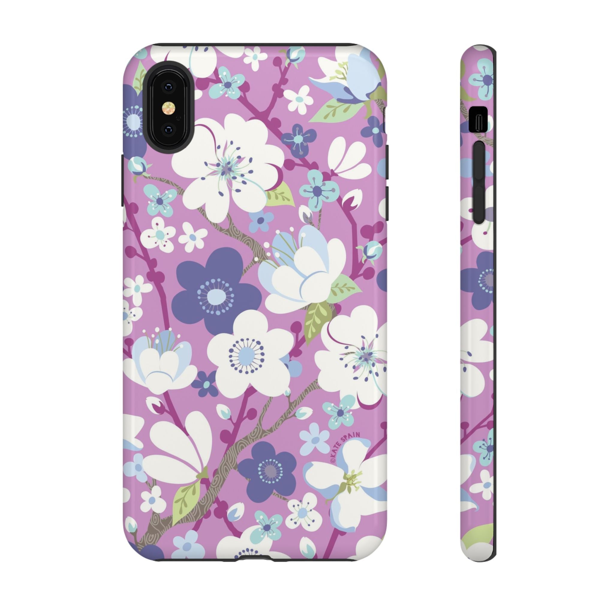 Luxury Cherry Blossom Tough iPhone XS MAX Case – Glossy | mauve, purple, blue, white cherry blossom print