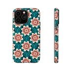 Modern Dahlia Tough iPhone 14 Pro Max Case – Glossy | teal, coral, cream geometric dahlia floral print