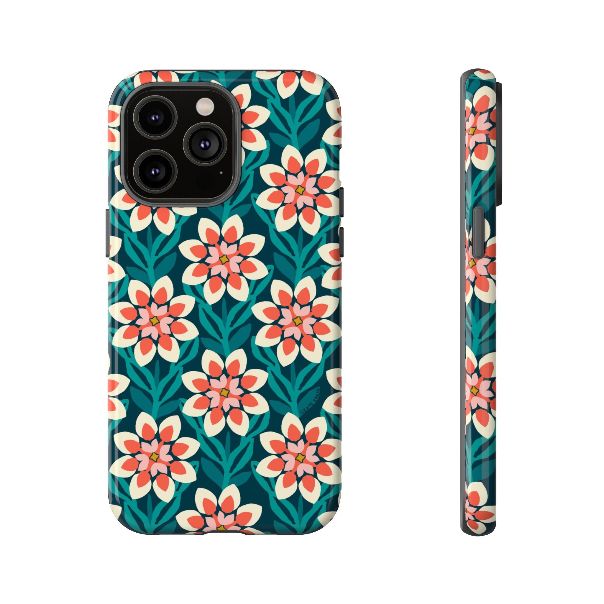 Modern Dahlia Tough iPhone 14 Pro Max Case – Glossy | teal, coral, cream geometric dahlia floral print