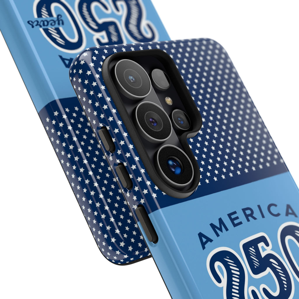 Sea to Shining Sea Samsung Galaxy S26 Ultra Case – angled view close-up of buttons and camera cutout in case in navy, sky blue, red patriotic America 250 commemorative print