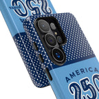 Sea to Shining Sea Samsung Galaxy S26 Ultra Case – angled view close-up of buttons and camera cutout in case in navy, sky blue, red patriotic America 250 commemorative print