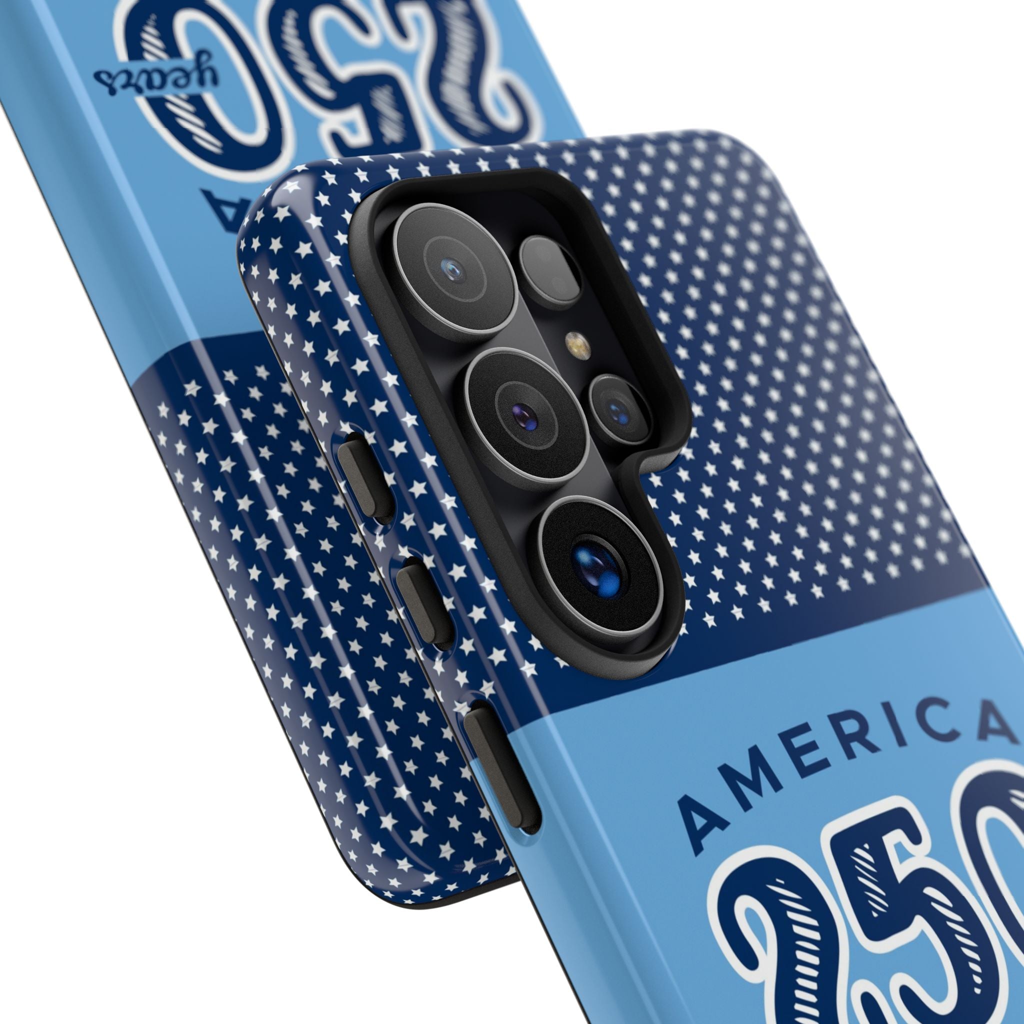 Sea to Shining Sea Samsung Galaxy S26 Ultra Case – angled view close-up of buttons and camera cutout in case in navy, sky blue, red patriotic America 250 commemorative print