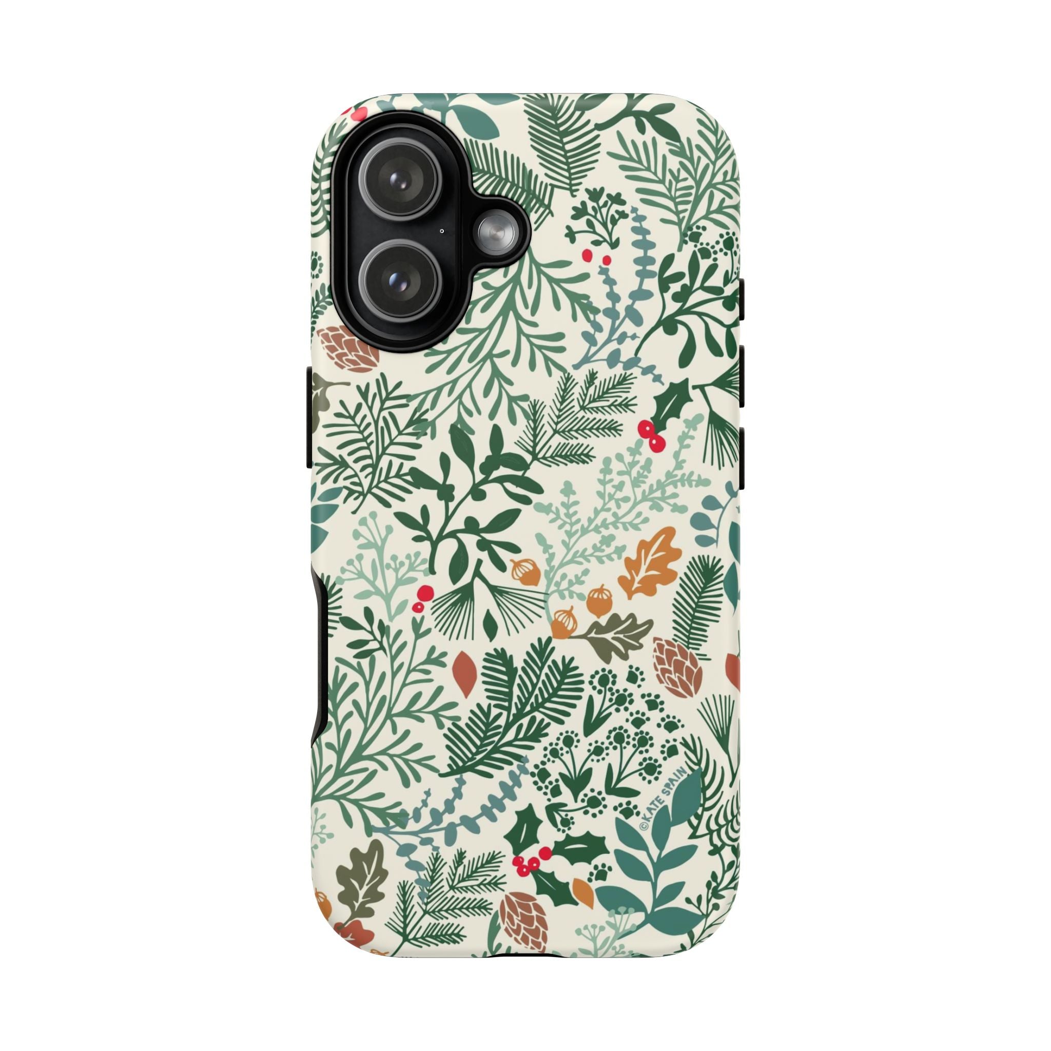 Juniper Tough iPhone 17 Case – Matte | cream, green, red botanical woodland print