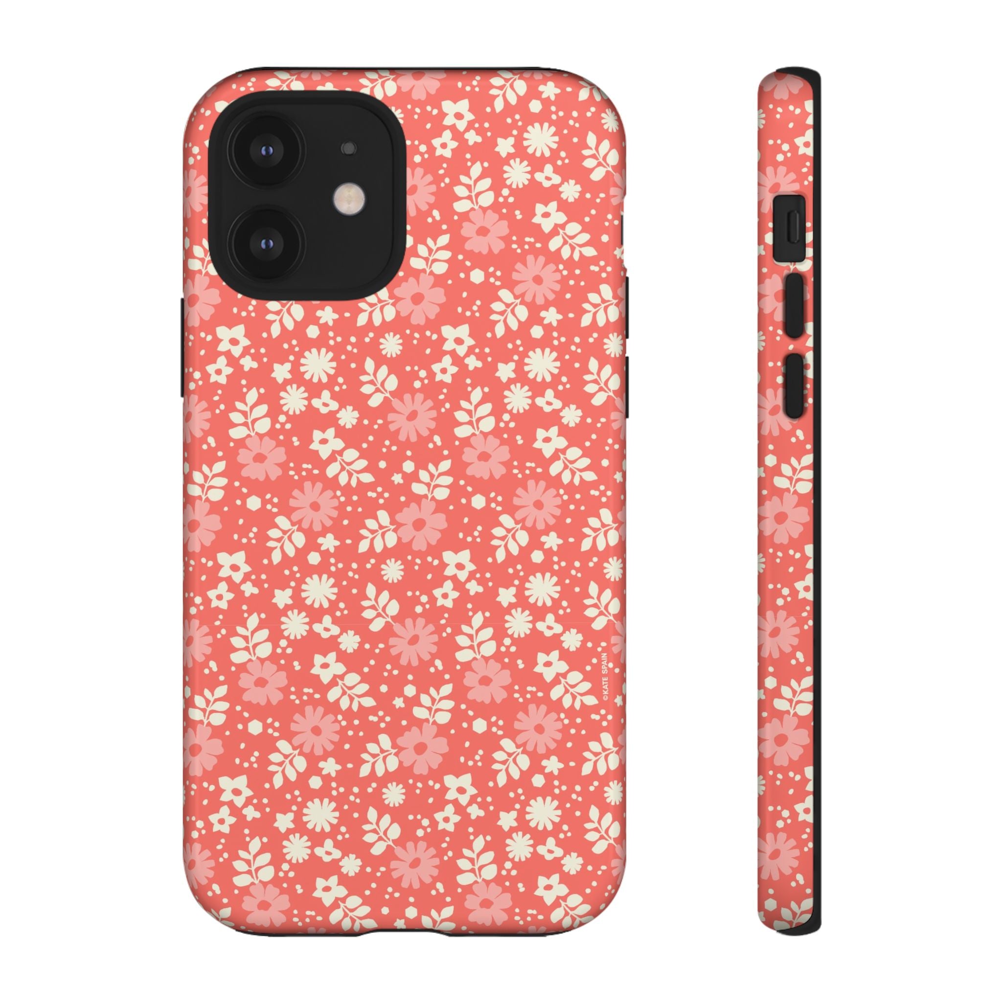 Petaline Tough iPhone 12 Case – Glossy | coral, pink, cream ditsy floral print