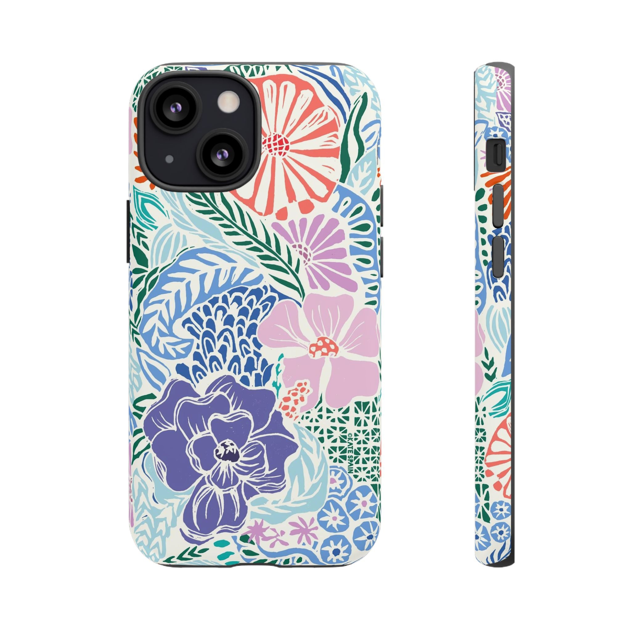 Tropica Tough iPhone 13 Mini Case – Matte | purple, coral, pink, blue botanical tropical floral print