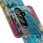 Luxury Reef Samsung Galaxy S25 Case – Glossy | close-up of 3 lenses in camera cutout in case in teal, navy, magenta, olive coral reef print