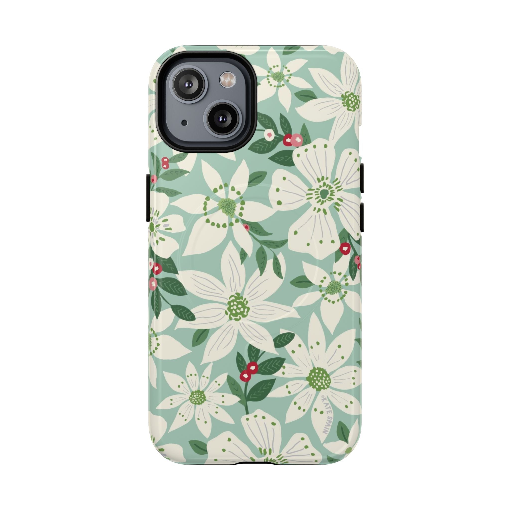 Gardenia MagSafe iPhone 14 Case – Glossy | light blue, white, green, red gardenia botanical print