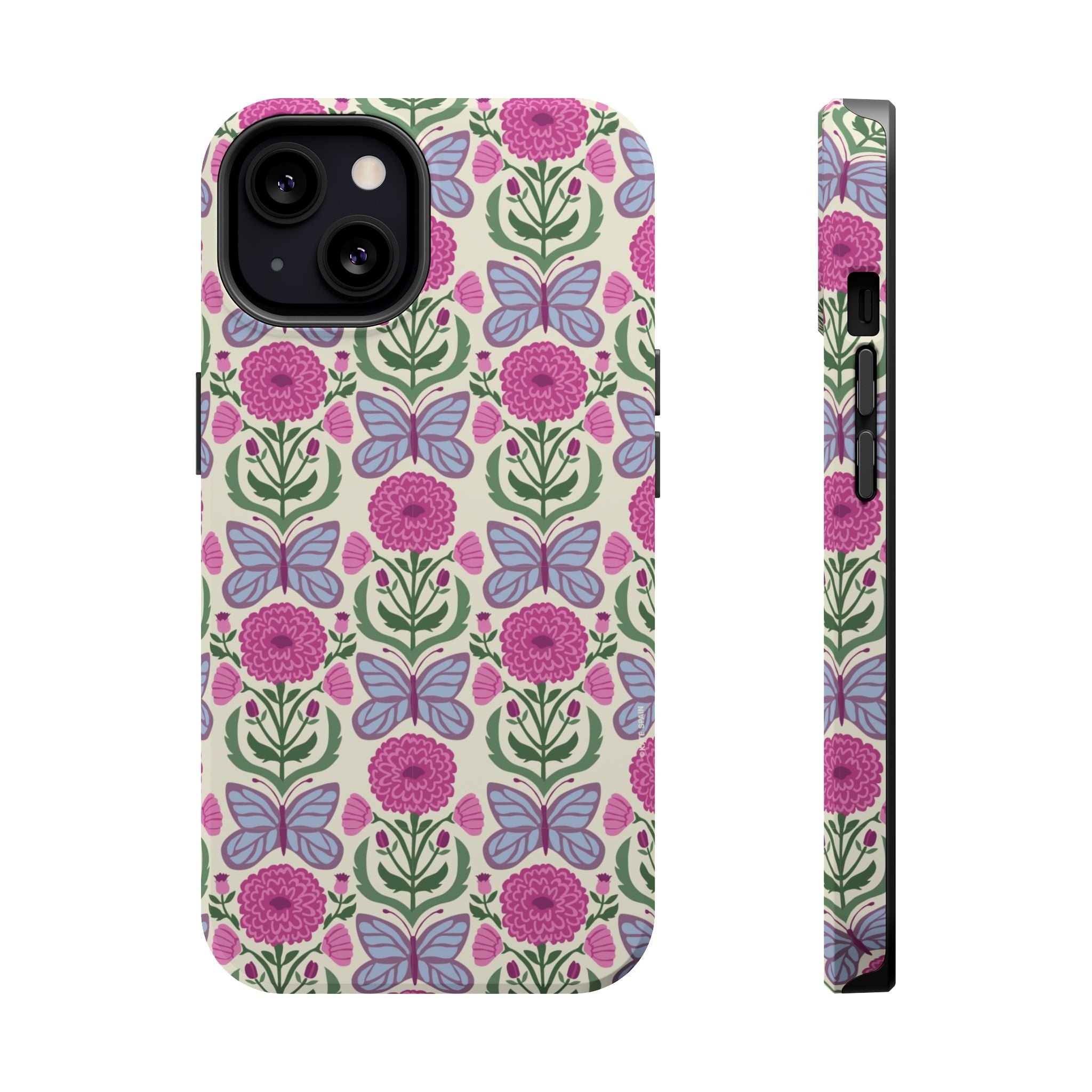 Butterfly MagSafe iPhone 13 Case – Matte | cream, magenta, periwinkle butterfly floral print
