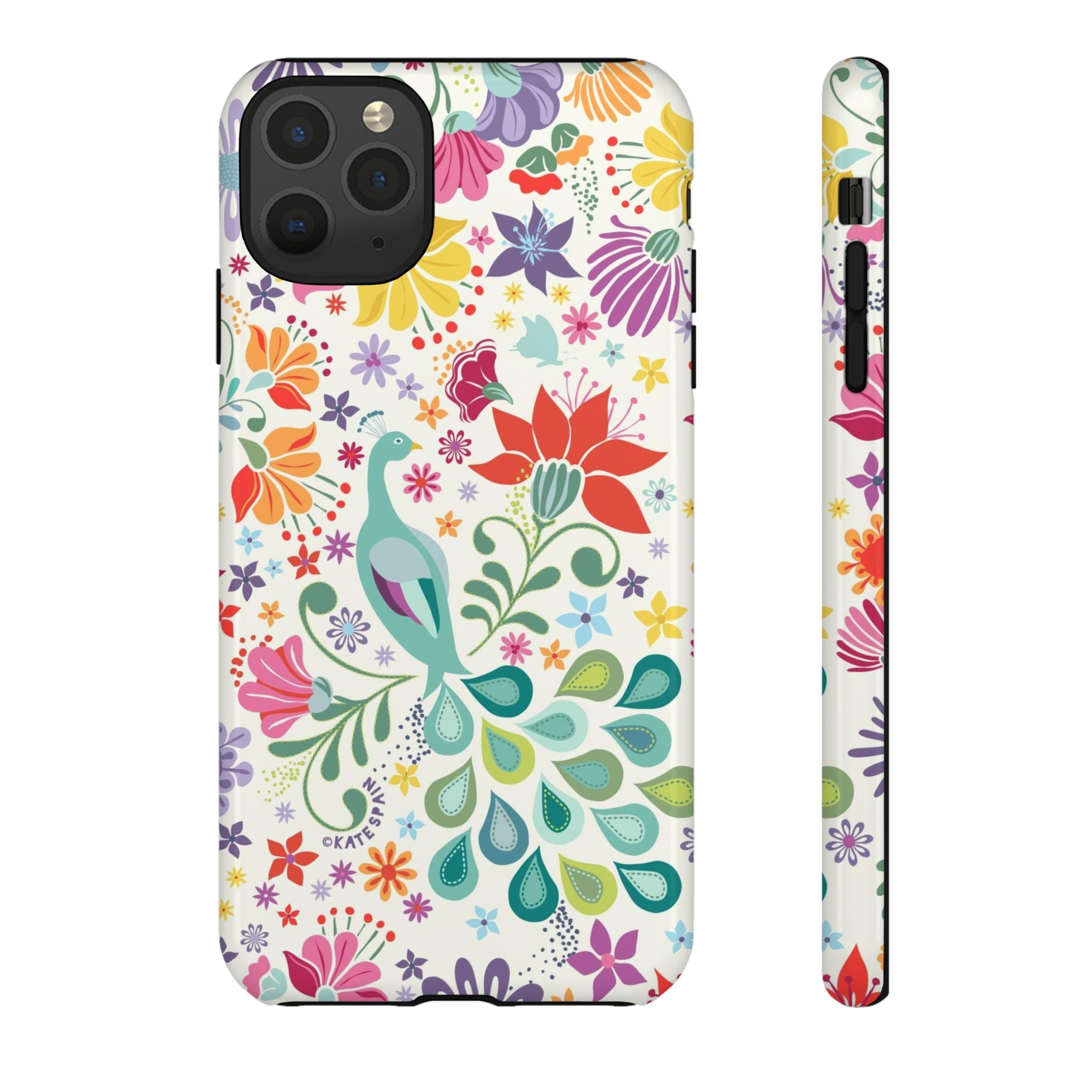 Peacock Sanctuary Tough iPhone 11 Pro Max Case – Glossy | white, teal, coral multicolor vibrant peacock feather botanical print