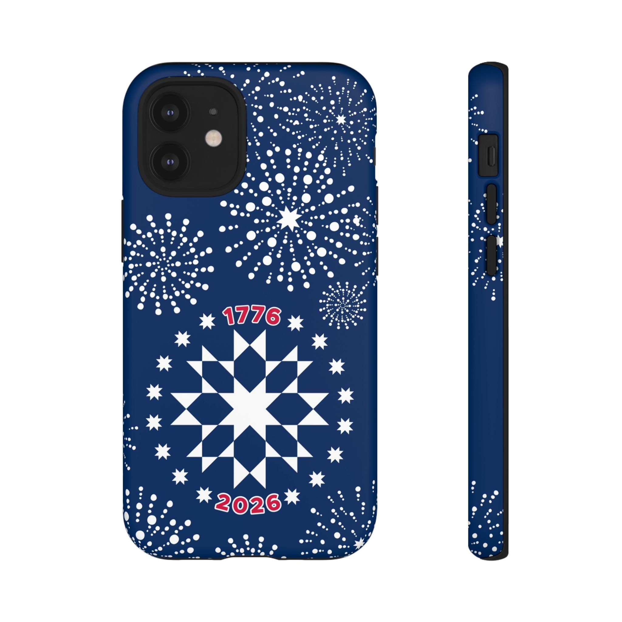 250th Fireworks Tough iPhone 12 Mini Case – Matte | navy, white patriotic star quilt fireworks print