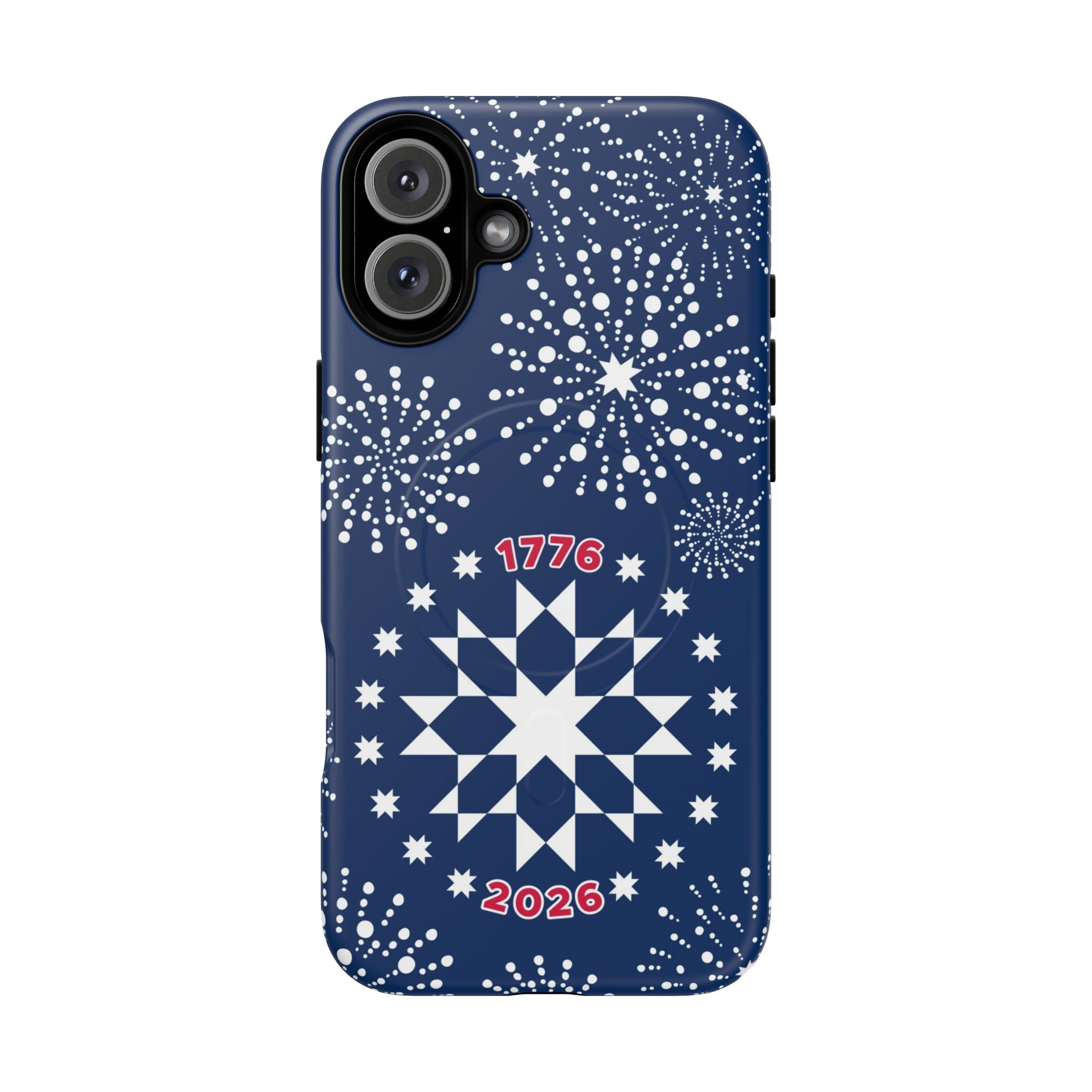 250th Fireworks MagSafe iPhone 16 Plus Case – Matte | navy, white patriotic star quilt fireworks print