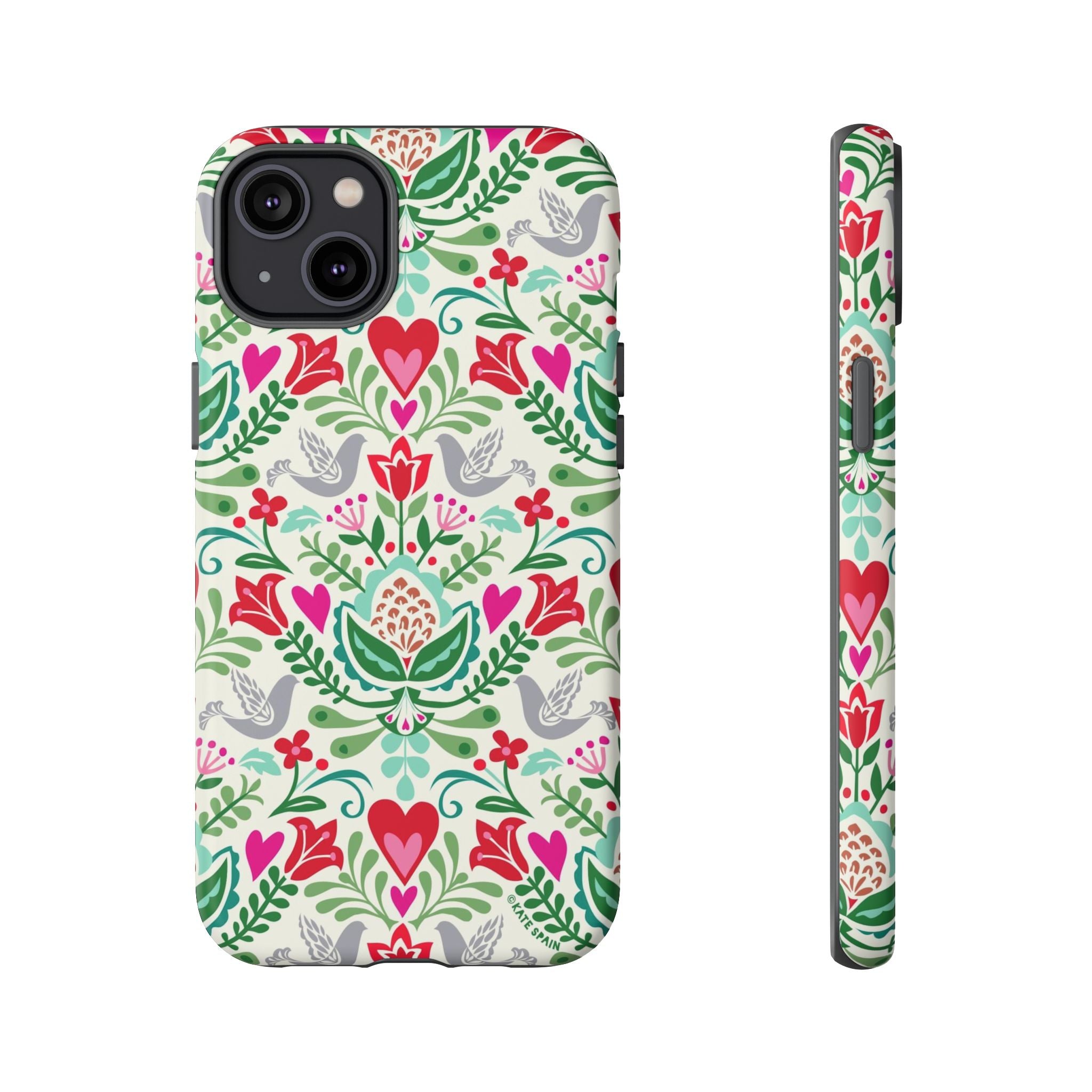 Rosemaling Tough iPhone 14 Plus Case – Matte | cream, red, pink, green, gray folk art floral bird print