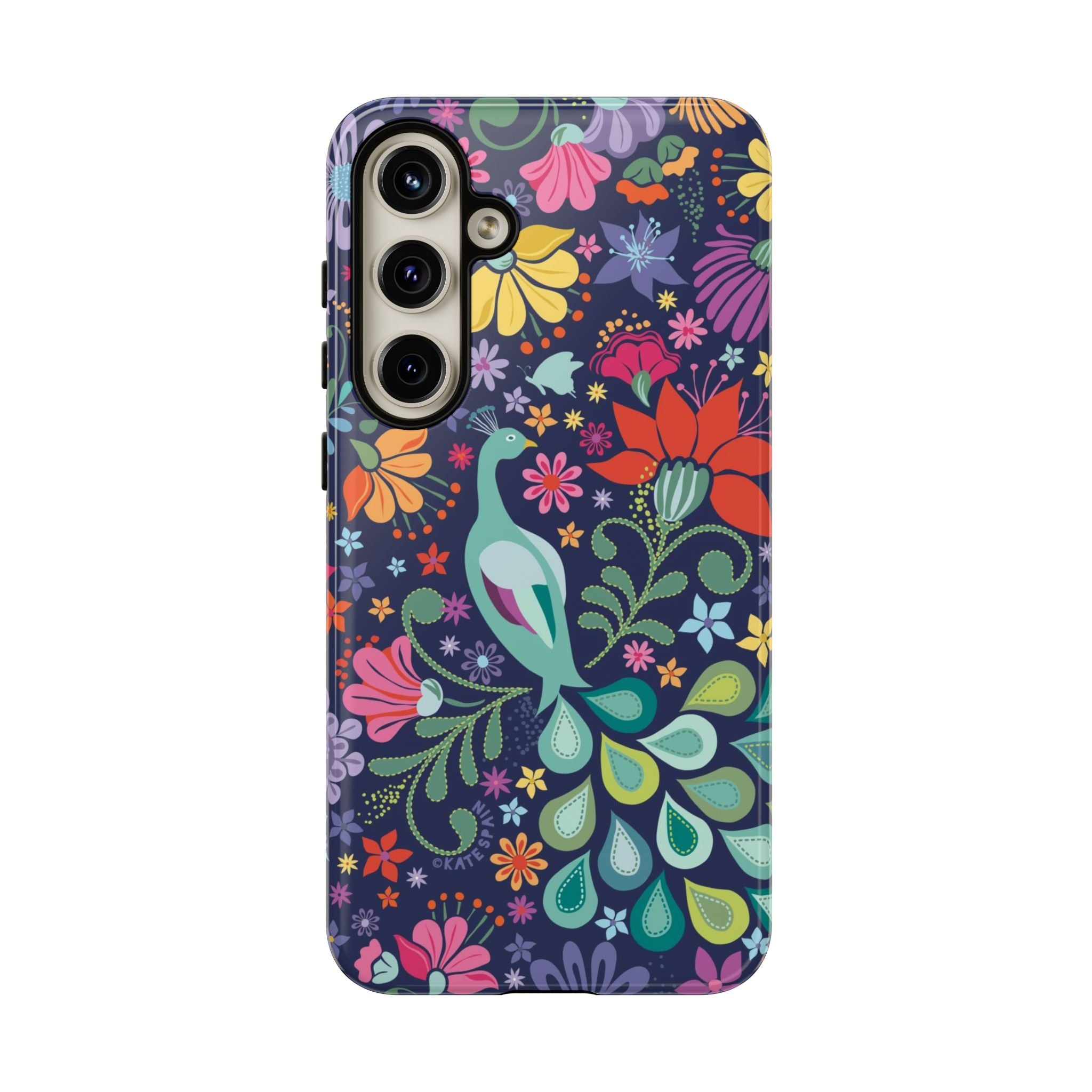 Luxury Peacock Sanctuary Samsung Galaxy S24 Plus Case – Glossy | navy, teal, coral multicolor vibrant peacock feather botanical print