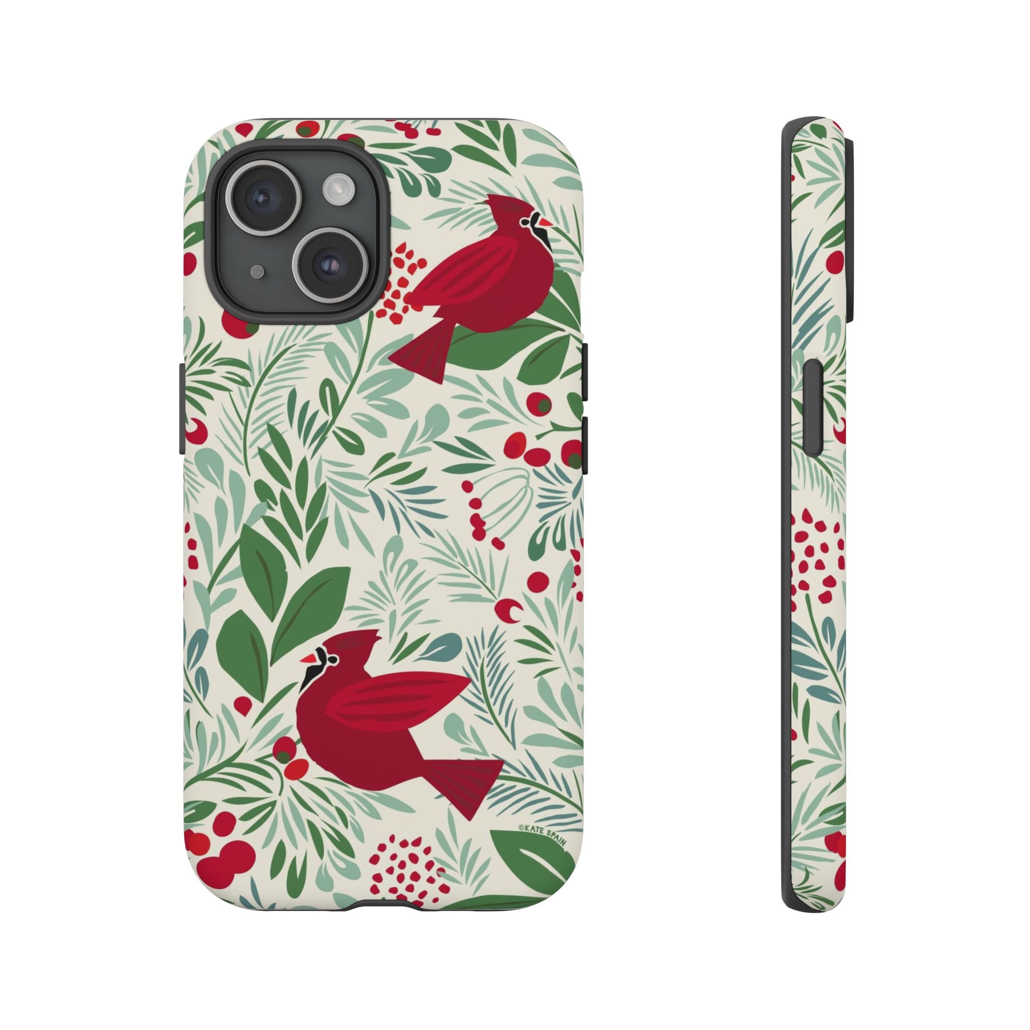Birds and Berries Tough iPhone 15 Case – Matte | cream, red, green botanical cardinal berry print