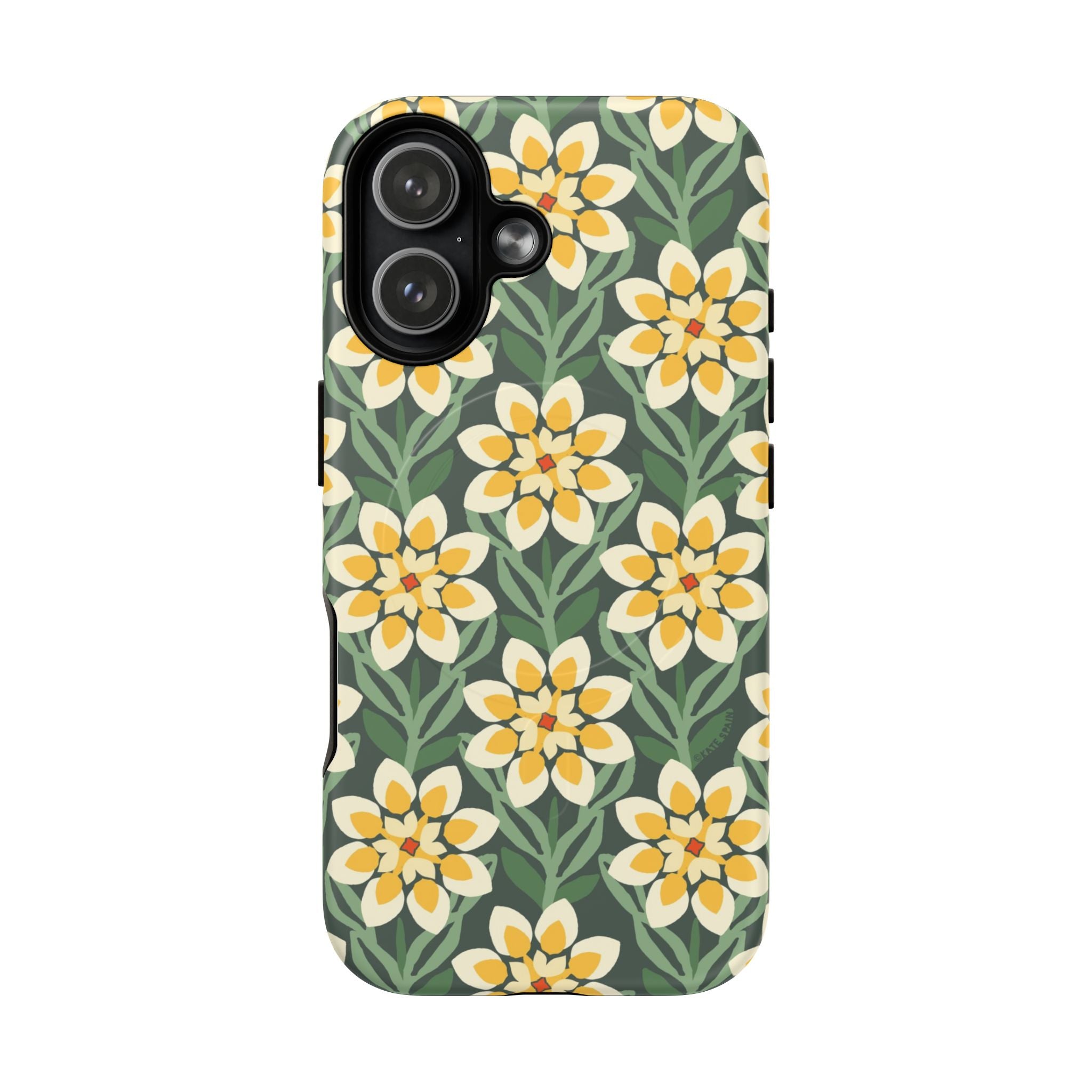 Designer Modern Dahlia MagSafe iPhone 17 Case – Glossy | yellow, cream, green dahlia floral print