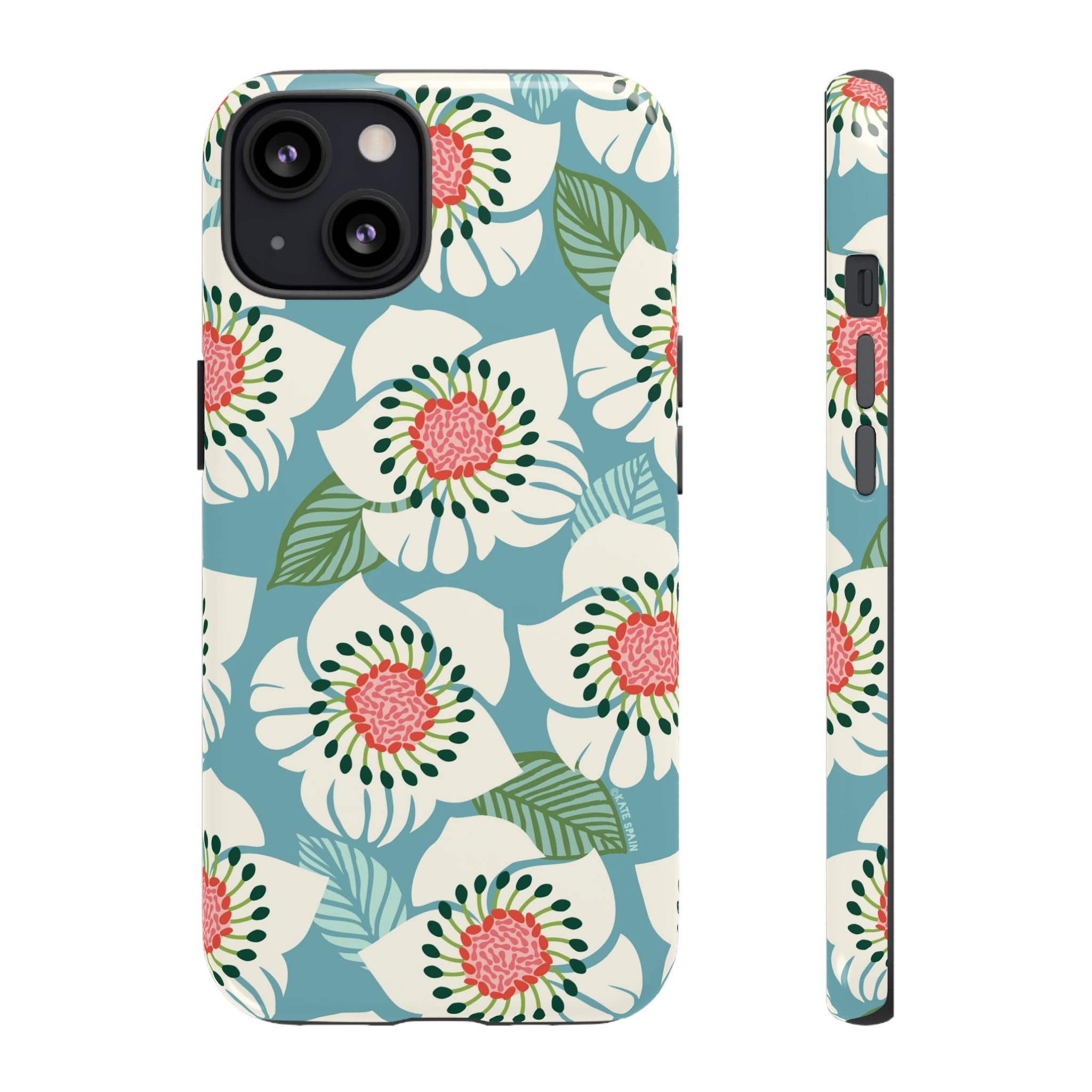 Panache Floral Tough iPhone 13 Case – Matte | sky blue, pale cream, pink anemone floral print
