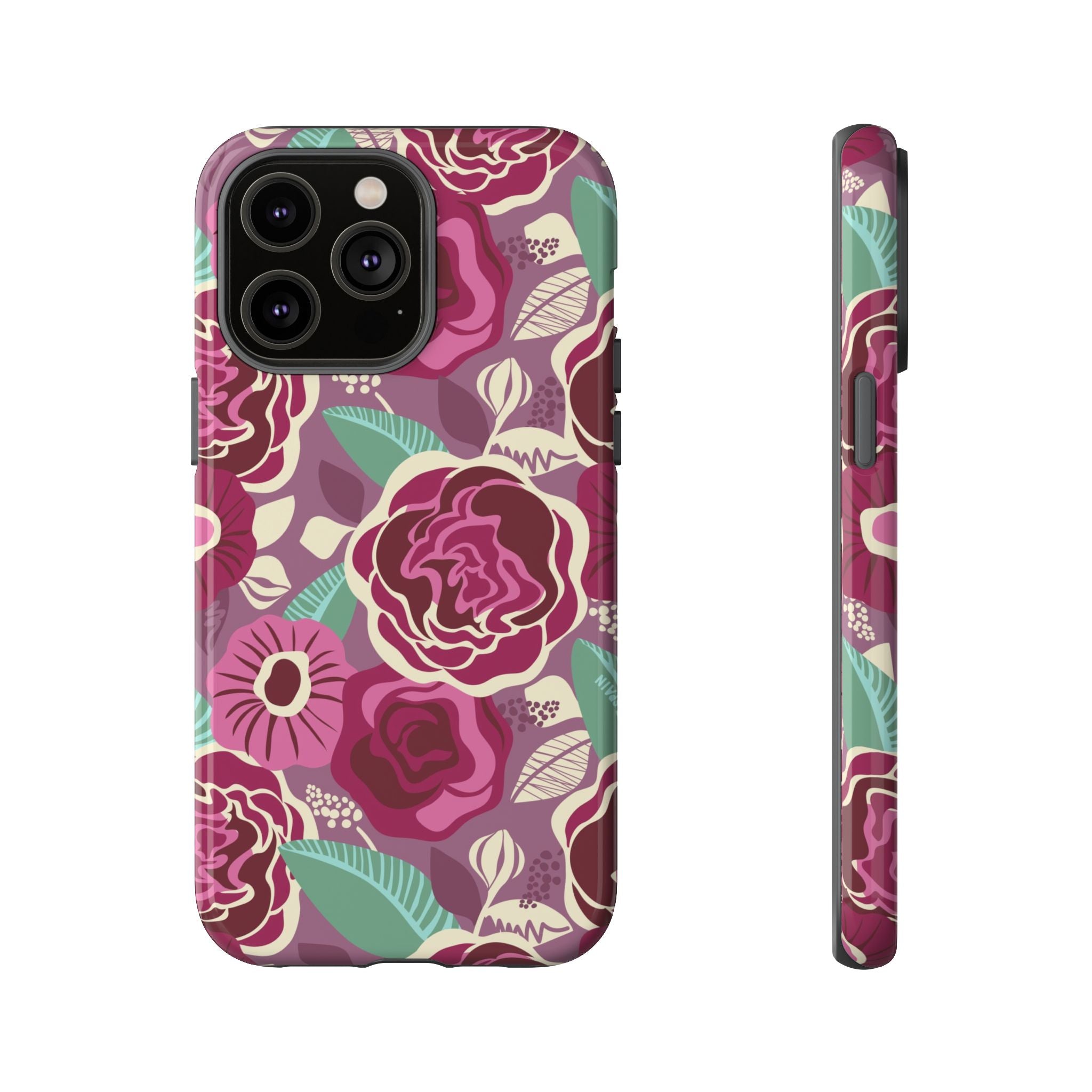 Tea Rose Burgundy Tough iPhone 14 Pro Max Case – Glossy | burgundy, magenta, plum botanical rose floral print