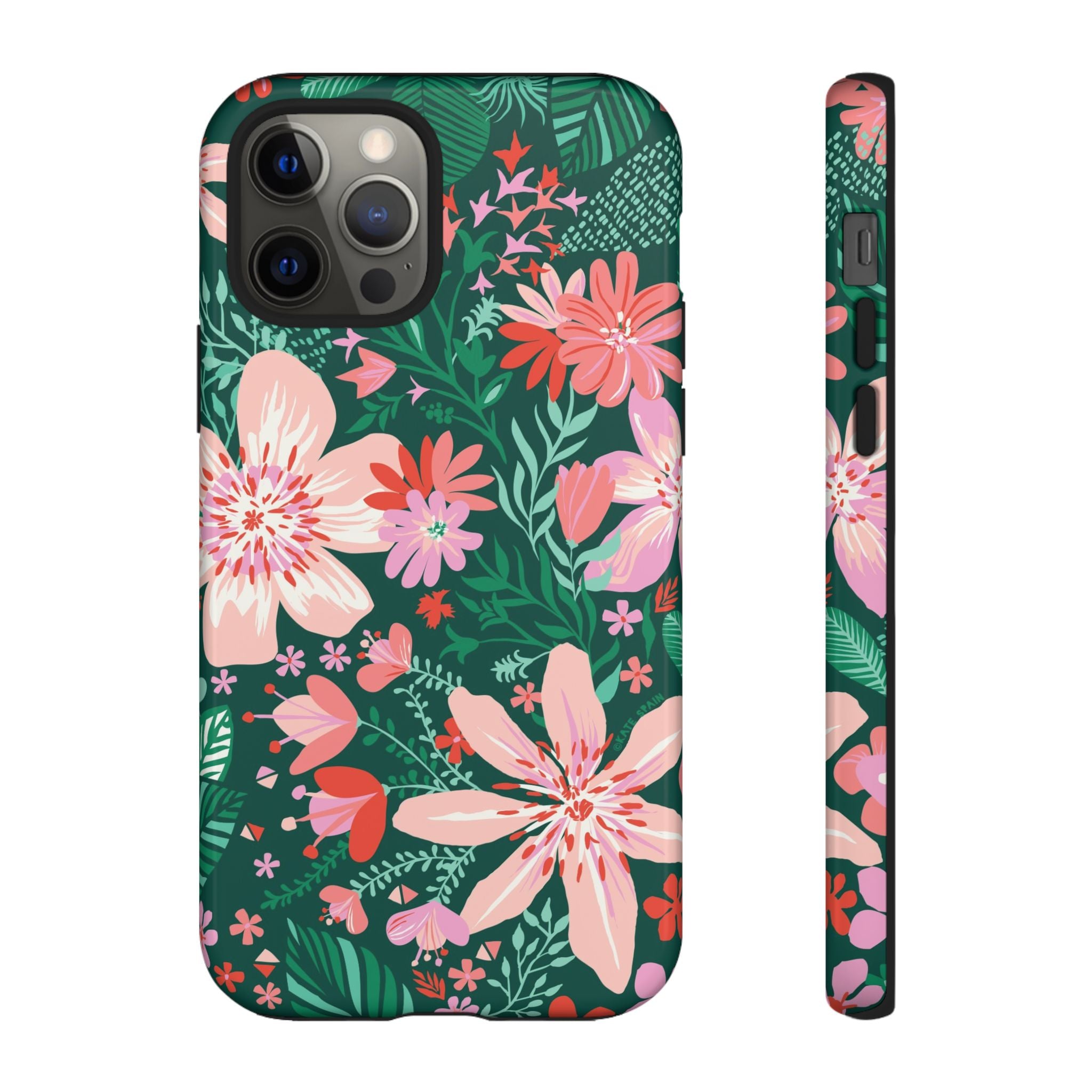 Bonaire Tough iPhone 12 Pro Case – Glossy | jade, pink, white tropical floral botanical print
