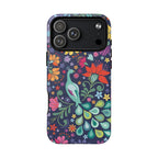 Peacock Sanctuary MagSafe iPhone 17 Pro Max Case – Matte | navy, teal, coral multicolor vibrant peacock feather botanical print
