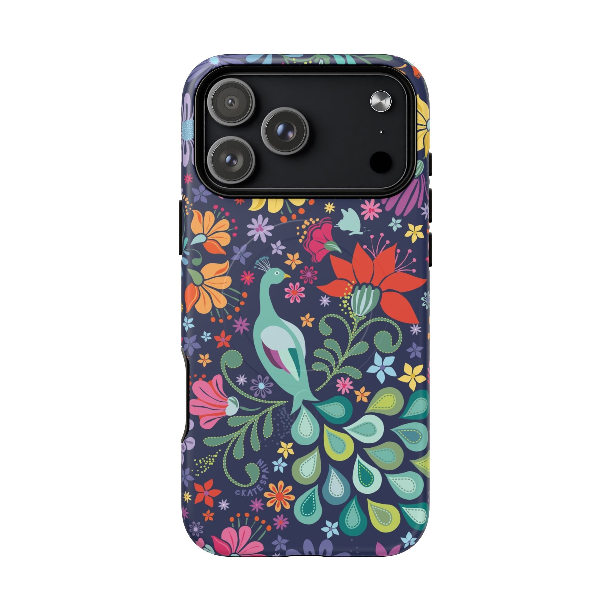 Peacock Sanctuary MagSafe iPhone 17 Pro Max Case – Matte | navy, teal, coral multicolor vibrant peacock feather botanical print