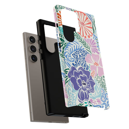 Luxury Tropica Samsung Galaxy S24 Ultra Case – close-up detail of layered case construction | purple, coral, pink, blue botanical tropical floral print