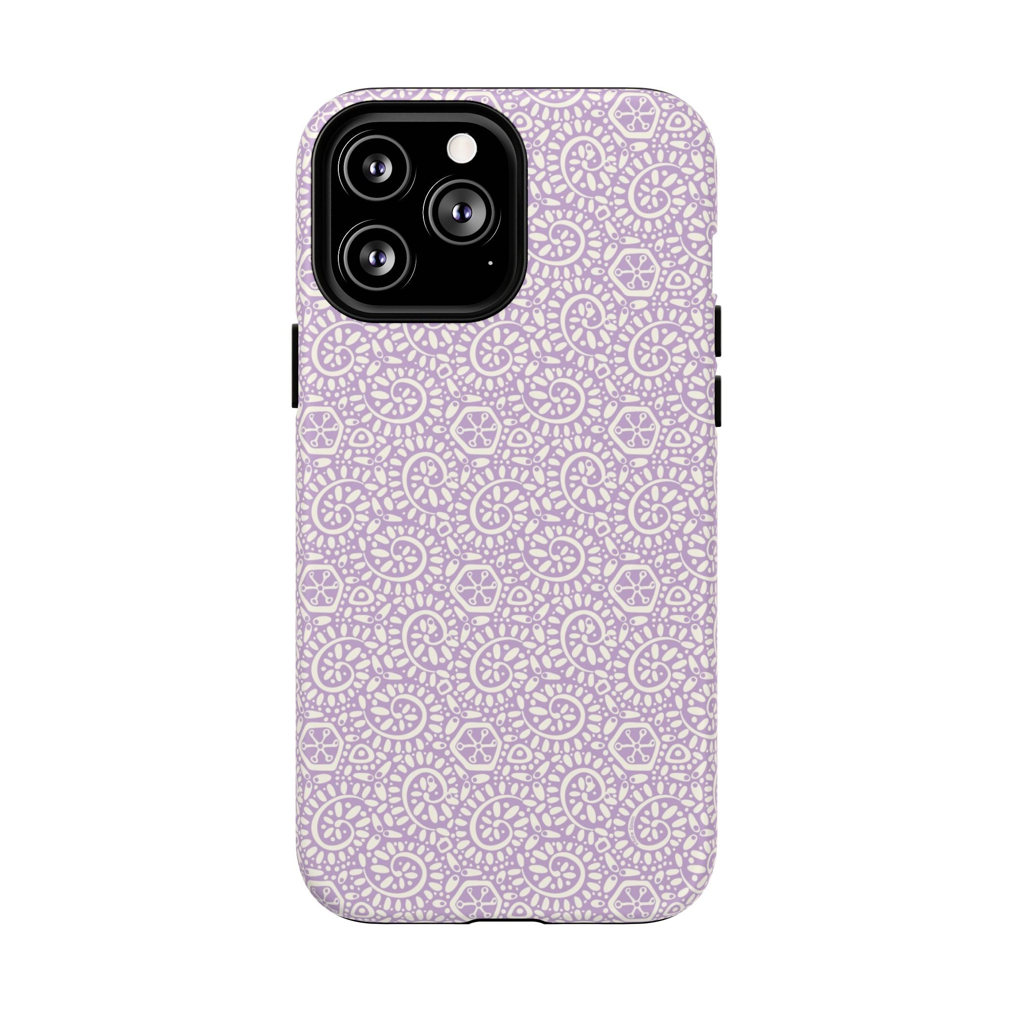 Canto Swirls Lavender MagSafe iPhone 13 Pro Max Matte Case — lavender hard case covered in an intricate folk-art medallion pattern of radiating circular motifs, dot clusters, and geometric centers