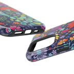 Peacock Sanctuary MagSafe iPhone 16 Pro Max Case – Glossy angled view closeup of camera cutout and buttons | navy, teal, ivory peacock botanical print MagSafe compatible, dual-layer protection