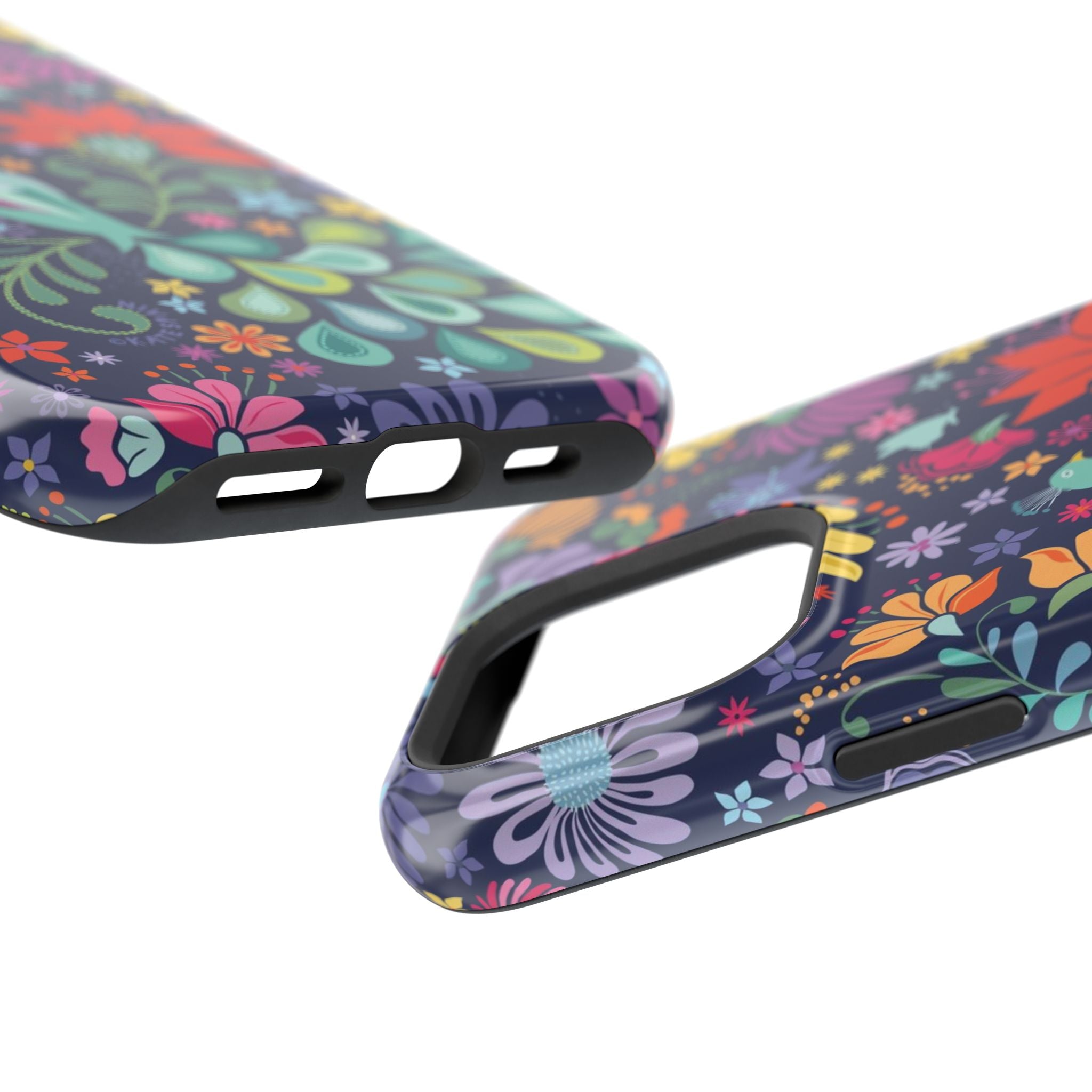 Peacock Sanctuary MagSafe iPhone 16 Pro Max Case – Glossy angled view closeup of camera cutout and buttons | navy, teal, ivory peacock botanical print MagSafe compatible, dual-layer protection