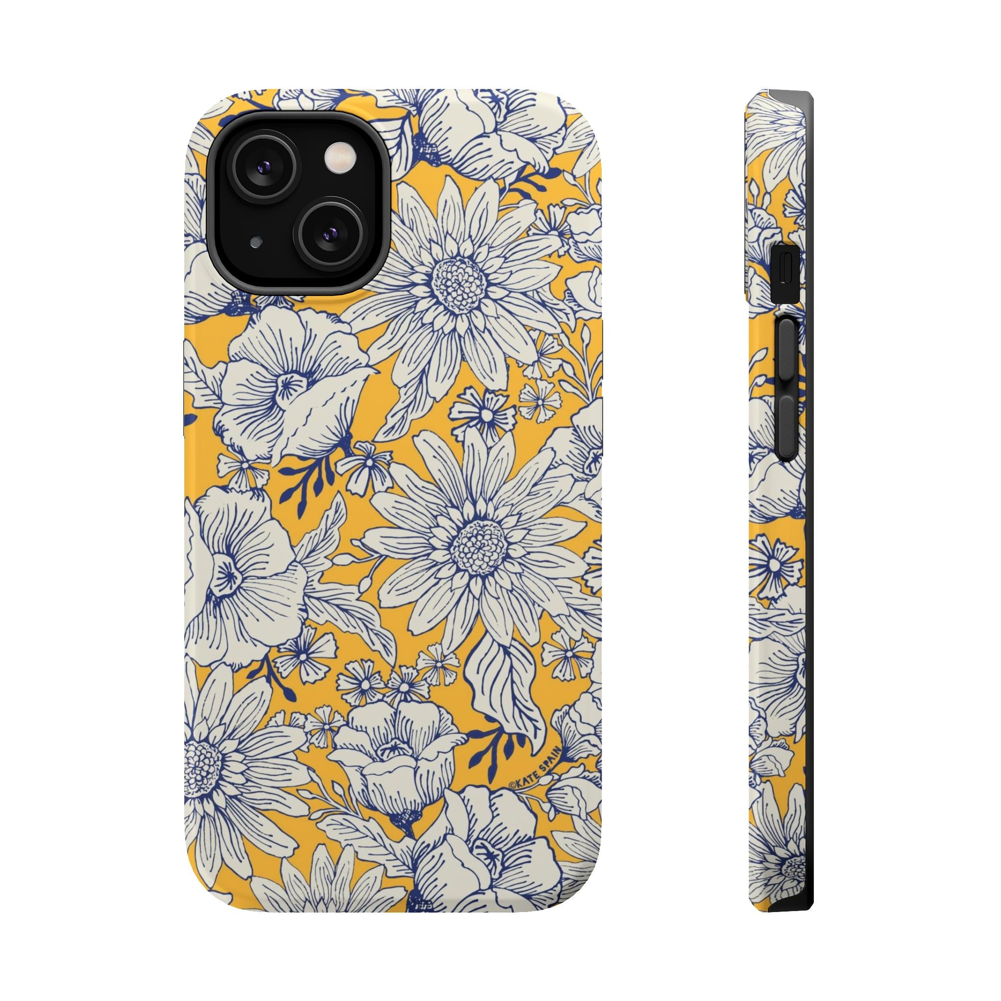 Jardin Luxury MagSafe iPhone 14 Case – Glossy | yellow, cream, blue botanical floral print
