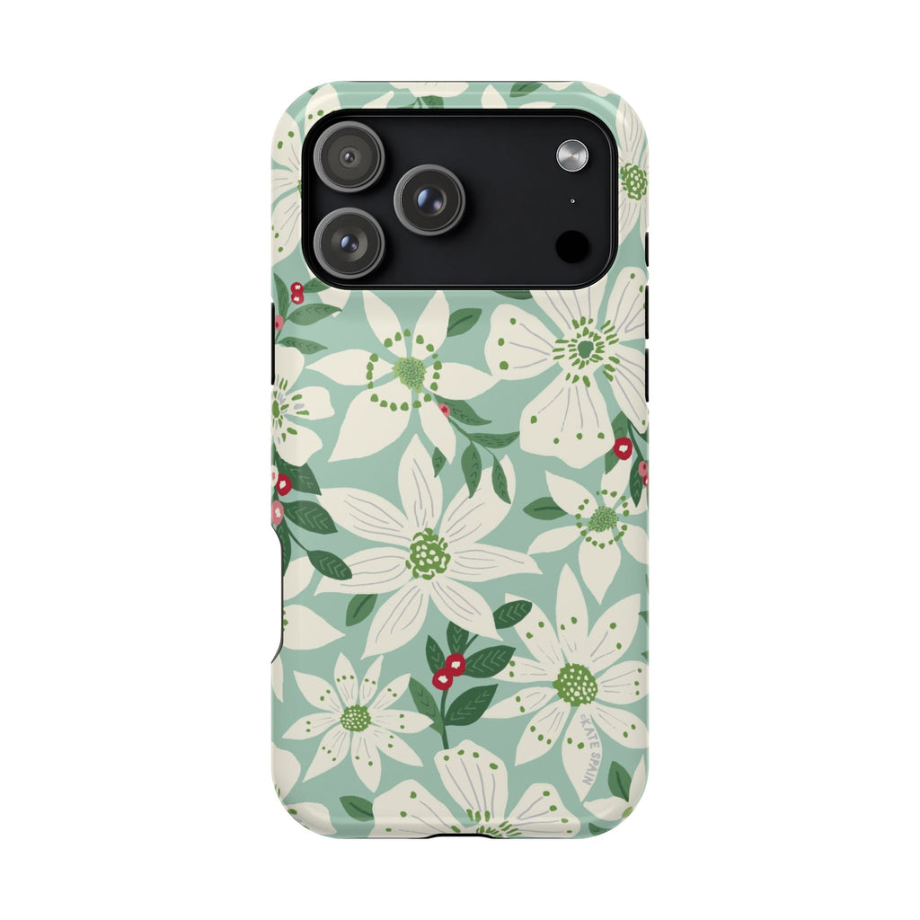 Gardenia MagSafe iPhone 17 Pro Max Case – Glossy | light blue, white, green, red gardenia botanical print MagSafe compatible, dual-layer protection