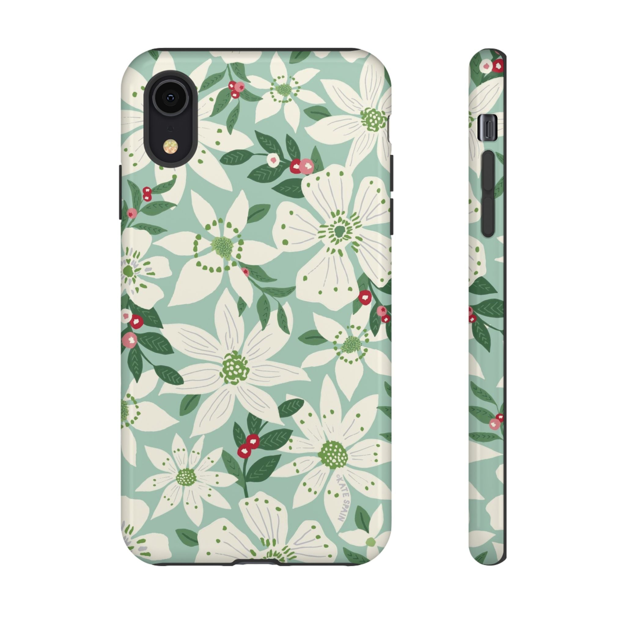 Gardenia Tough iPhone XR Case – Glossy | light blue, white, green, red gardenia botanical print