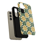 Luxury Modern Dahlia Samsung Galaxy S24 Case – Glossy | close-up of shock-absorbing layer construction of case in forest green, yellow, cream modern dahlia print