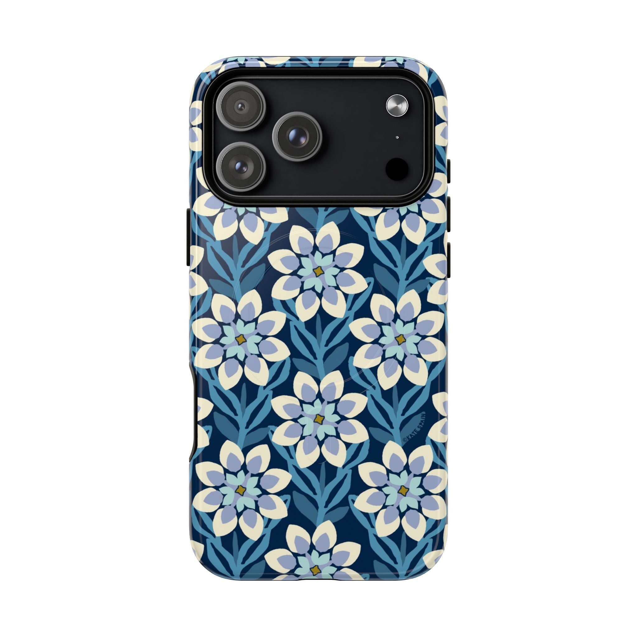 Luxury Modern Dahlia MagSafe iPhone 17 Pro Max Case – Glossy | navy, slate blue, white geometric dahlia tile floral print