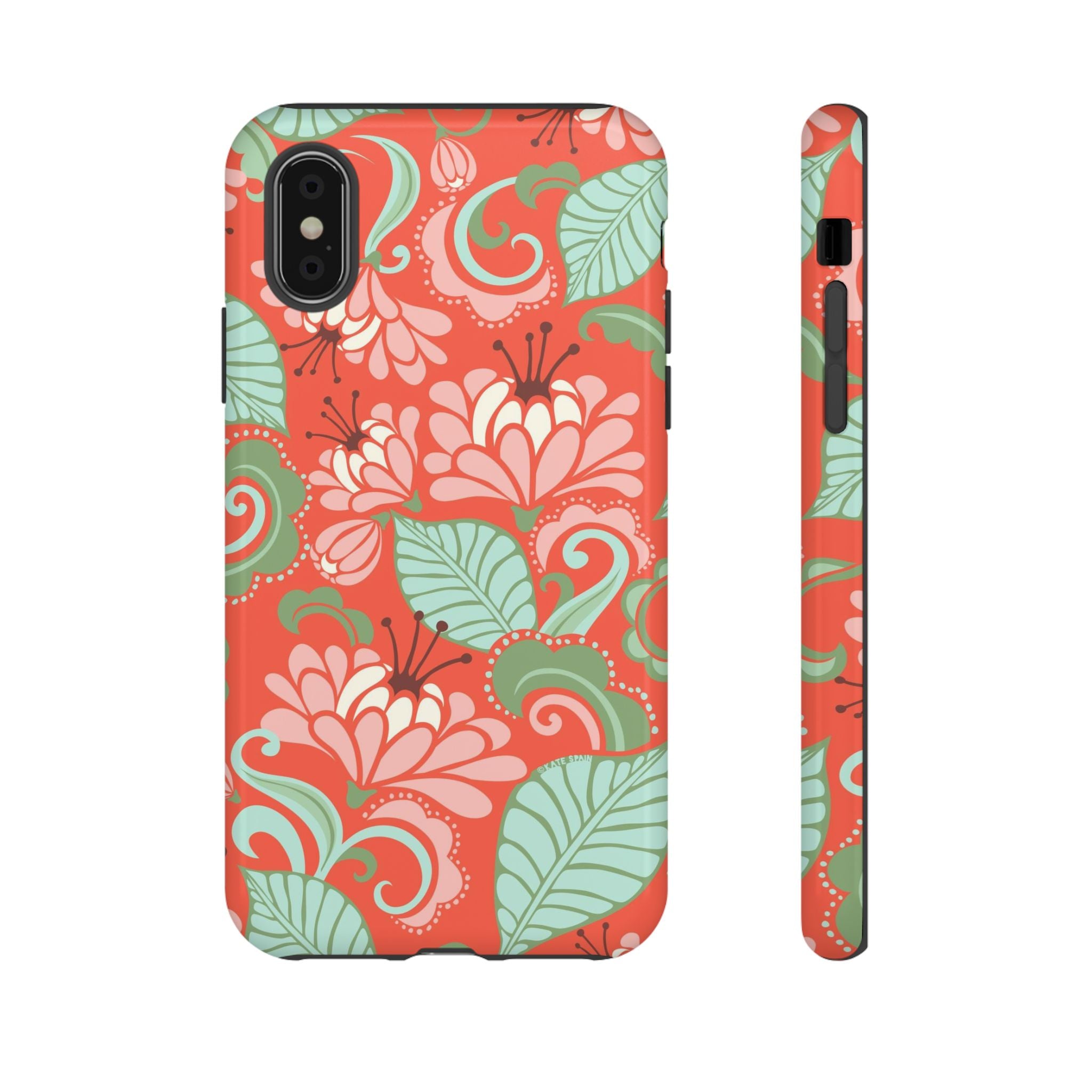 Sarabande Tough iPhone X Case – Glossy | coral, pink, cream, green botanical floral print