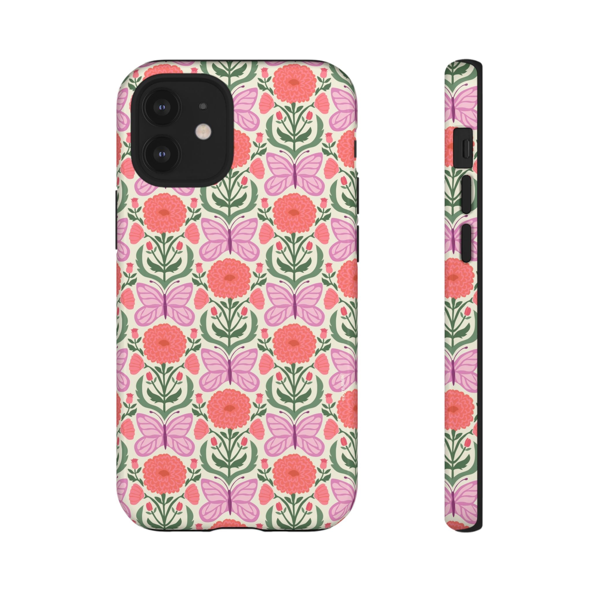 Pink Butterfly Tough iPhone 12 Mini Case – Glossy | pink, coral, green, cream butterfly floral print