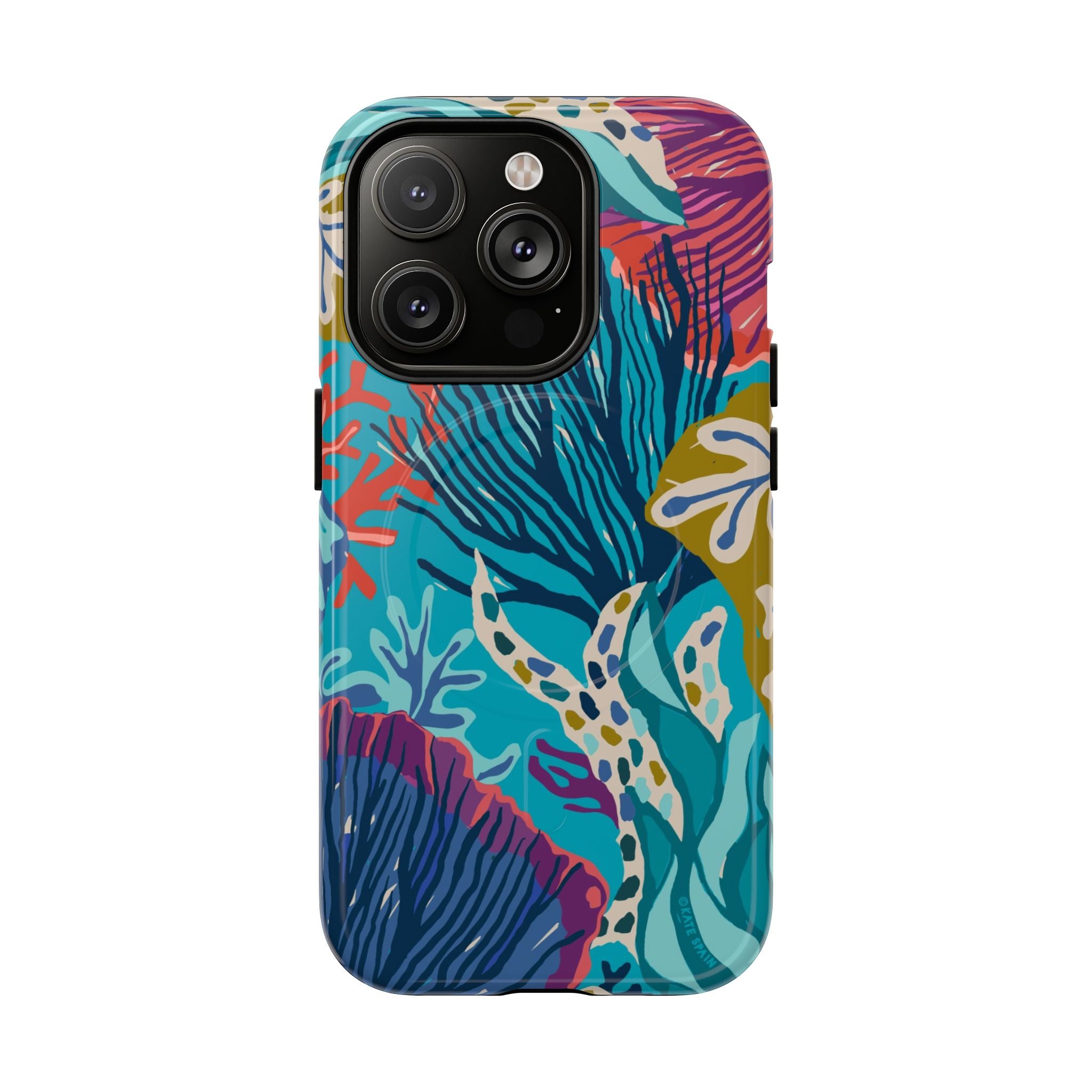 Reef MagSafe iPhone 14 Pro Case – Glossy | teal, coral, navy, purple botanical coral reef print