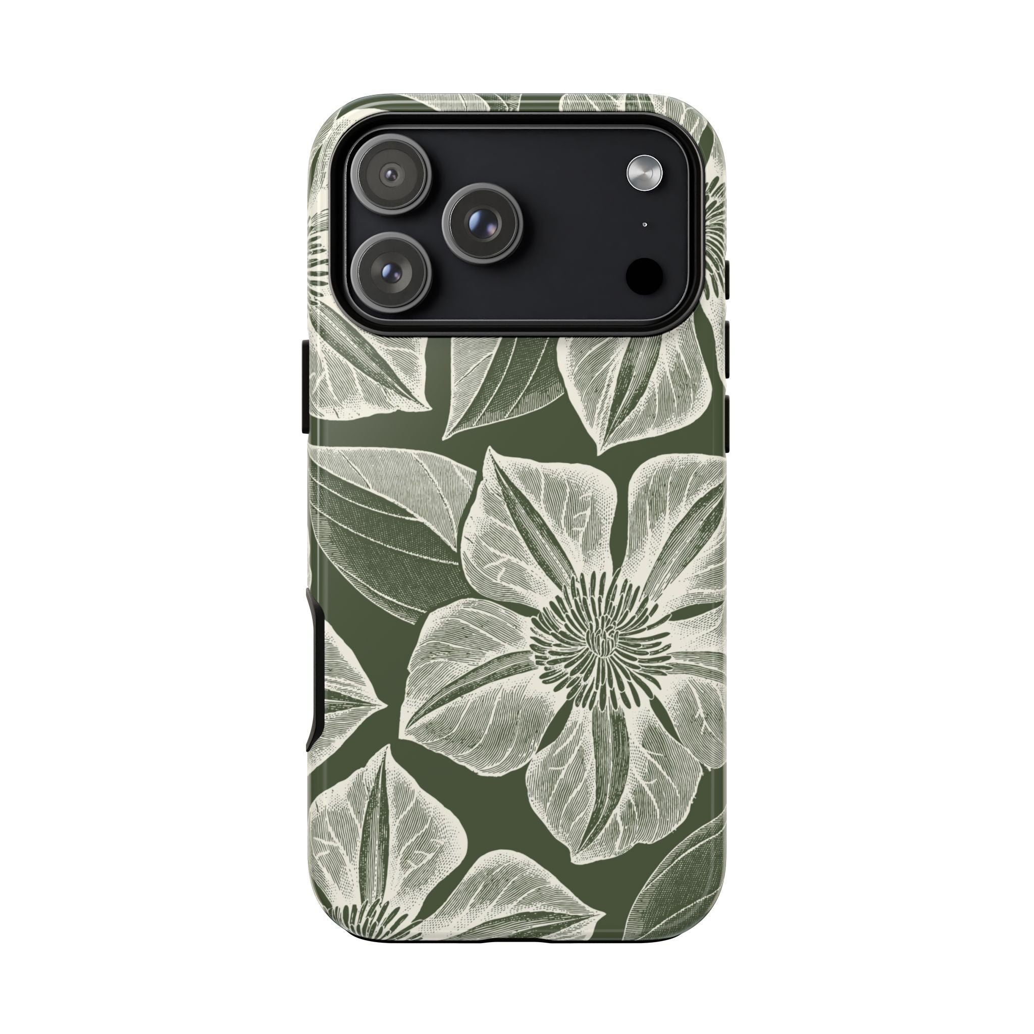 Vintage Bloom Cypress iPhone 17 Pro Max case – Glossy | cypress green ground, large-scale white clematis print, engraved petal detail, dual-layer protection
