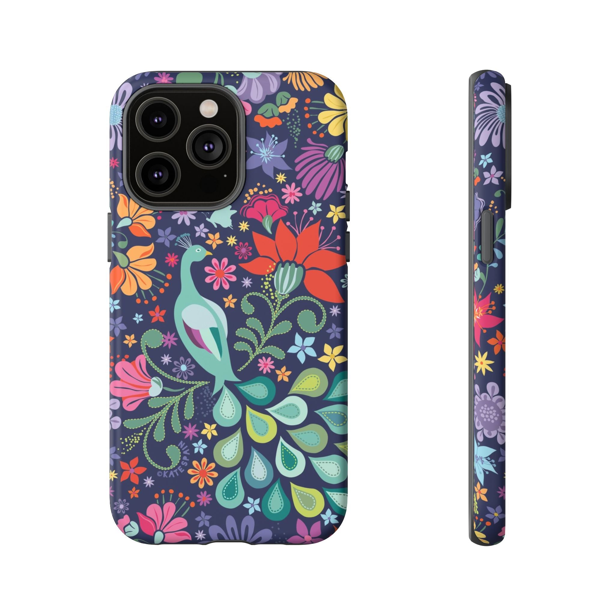 Peacock Sanctuary Tough iPhone 14 Pro Max Case – Matte | navy, teal, coral multicolor vibrant peacock feather botanical print