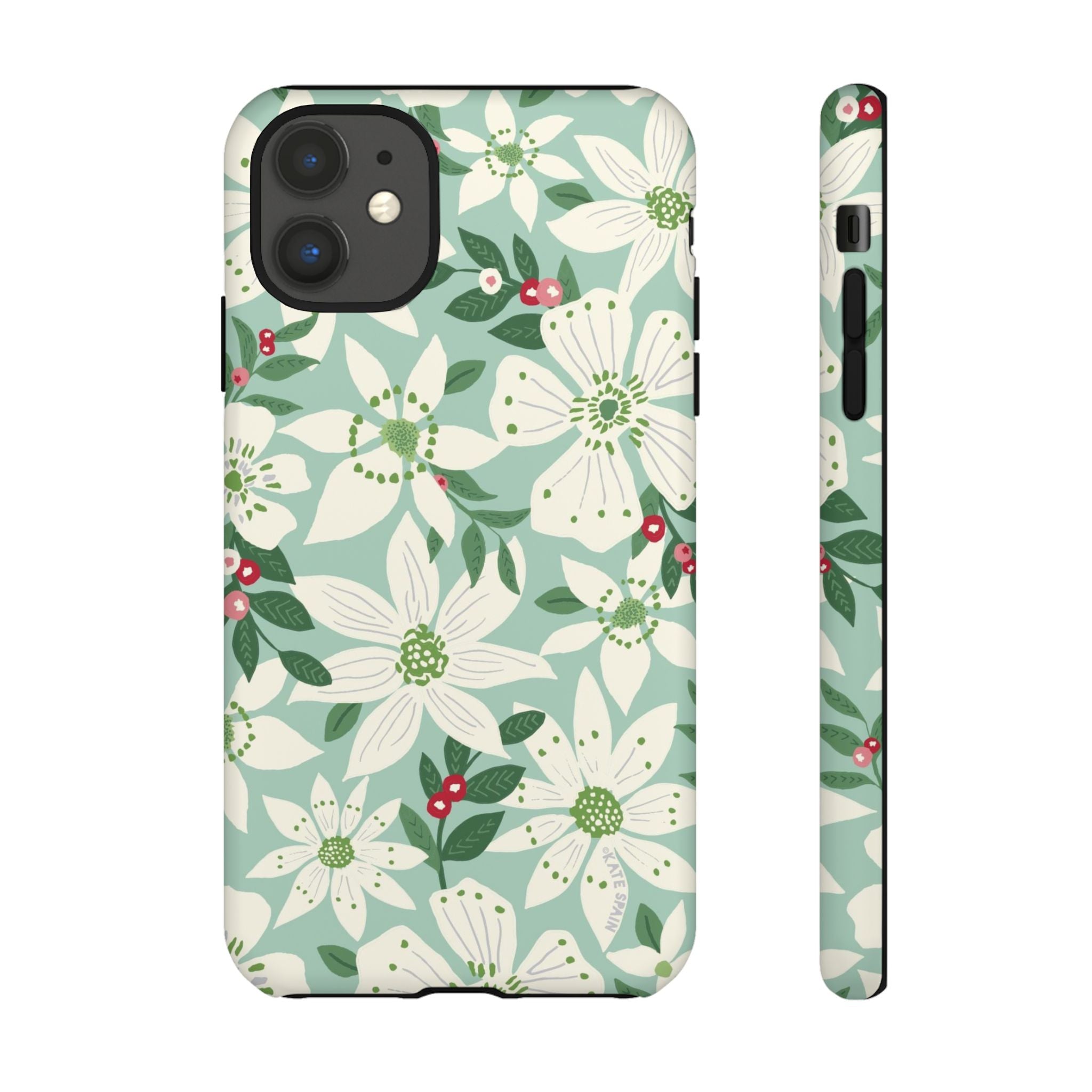Gardenia Tough iPhone 11 Case – Matte | light blue, white, green, red gardenia botanical print