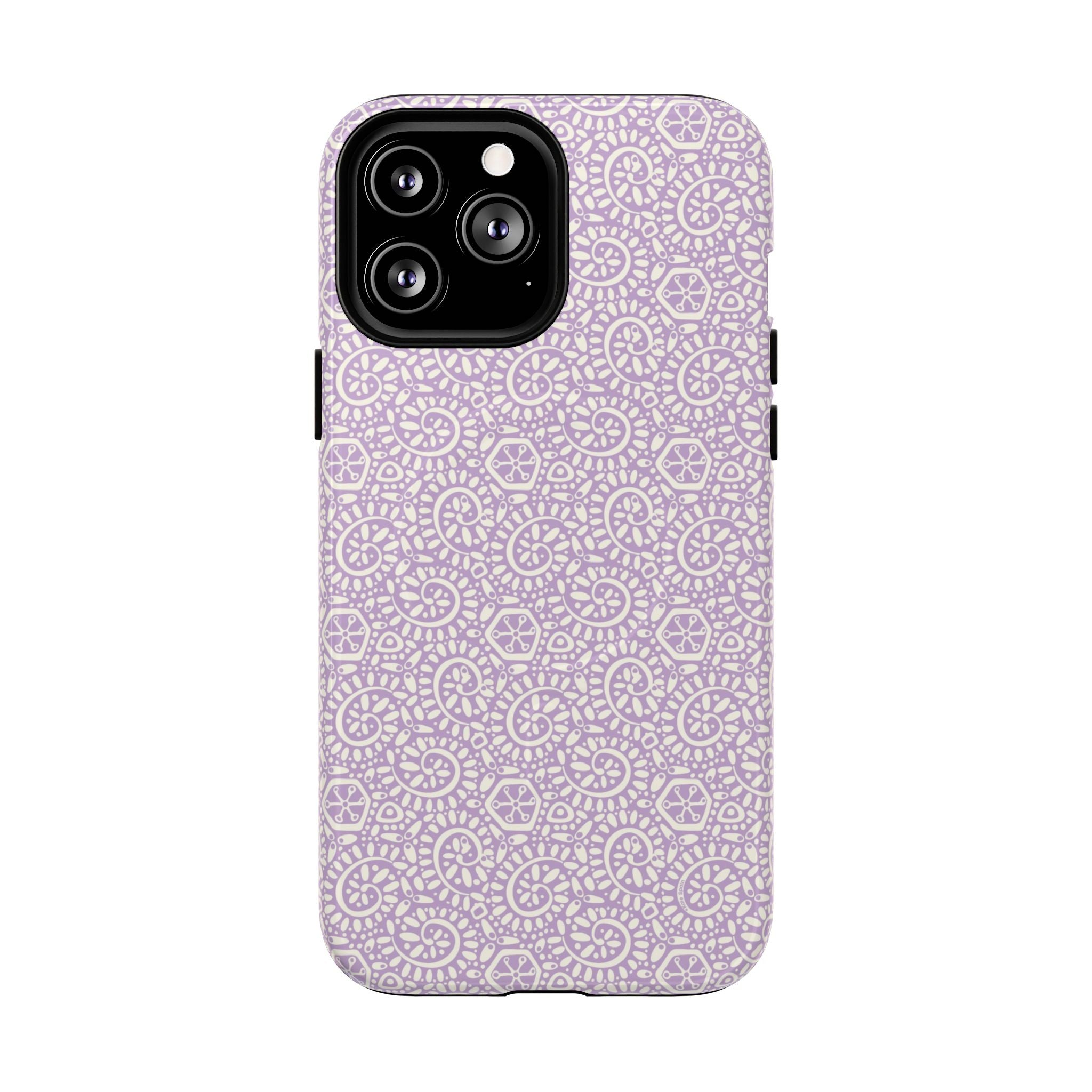Canto Swirls Lavender MagSafe iPhone 13 Pro Max Glossy Case — lavender hard case covered in an intricate folk-art medallion pattern of radiating circular motifs, dot clusters, and geometric centers
