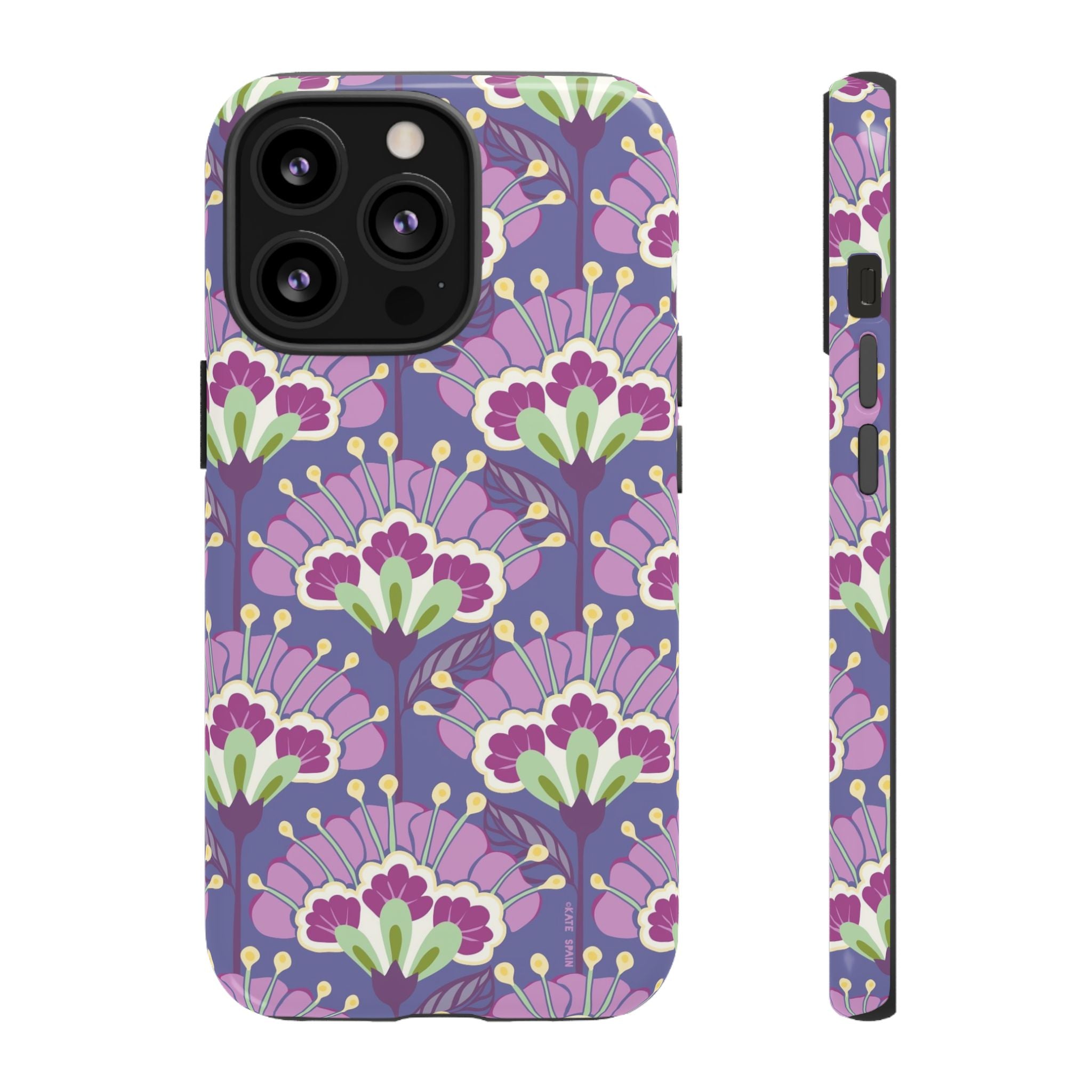 Lantern Flower Tough iPhone 13 Pro Case – Glossy | periwinkle, purple, mauve, sage botanical lantern floral print