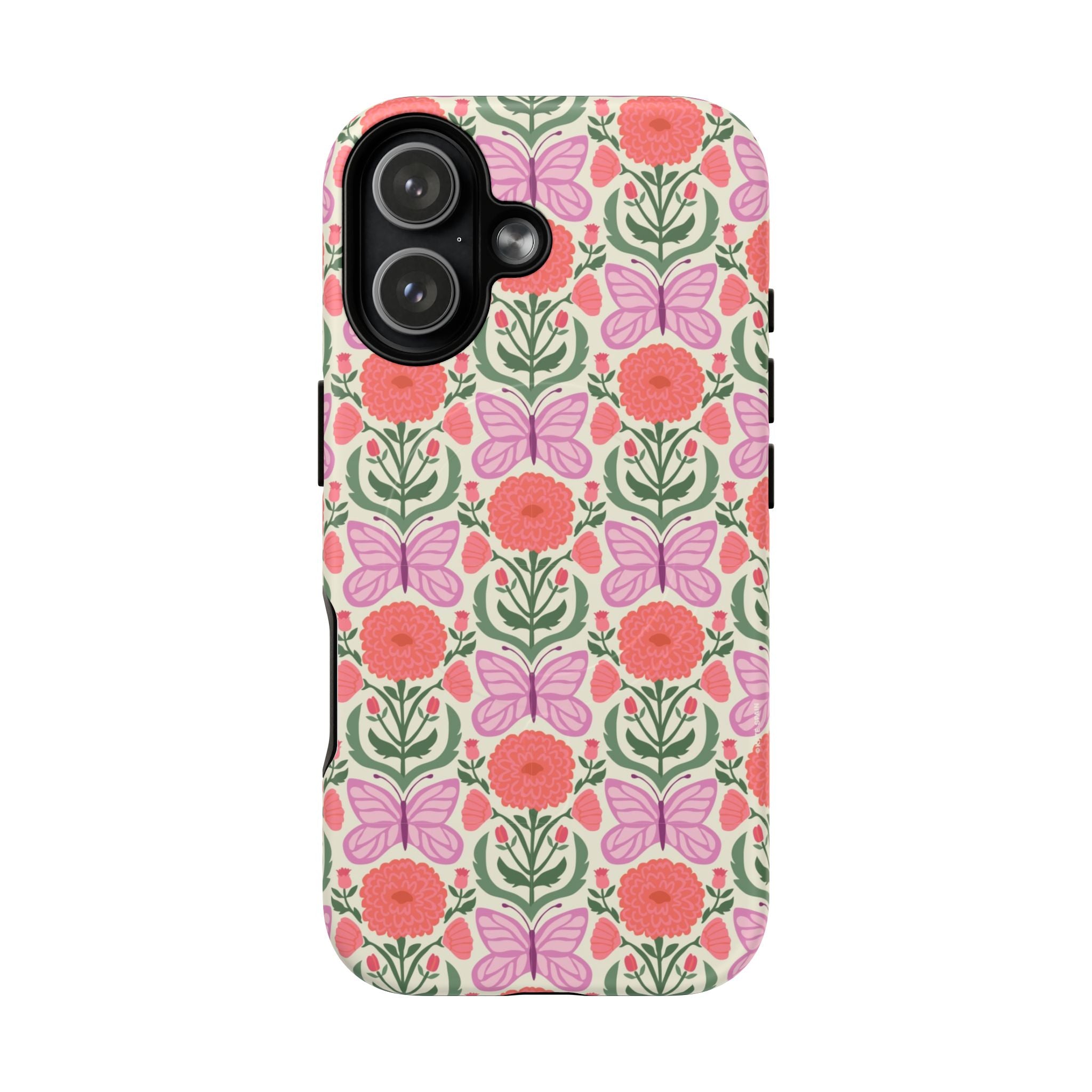 Pink Butterfly MagSafe iPhone 17 Case – Matte | pink, coral, green, cream butterfly floral print