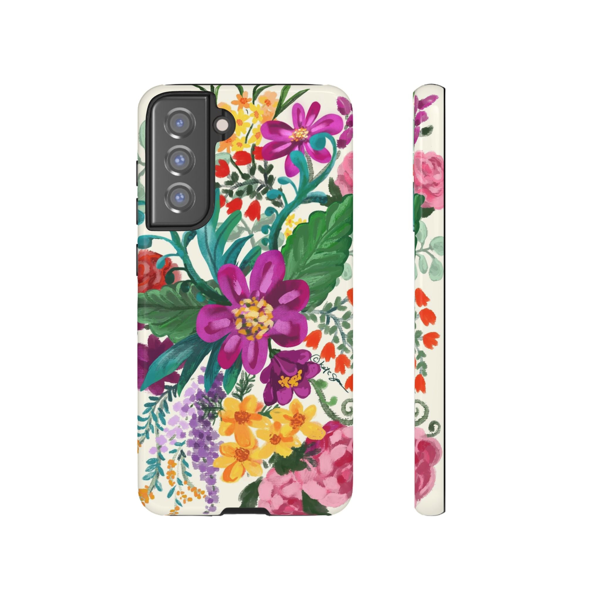 Tropical Posy Samsung Galaxy S21 FE Case – Glossy | white, magenta, yellow, purple vibrant botanical floral print