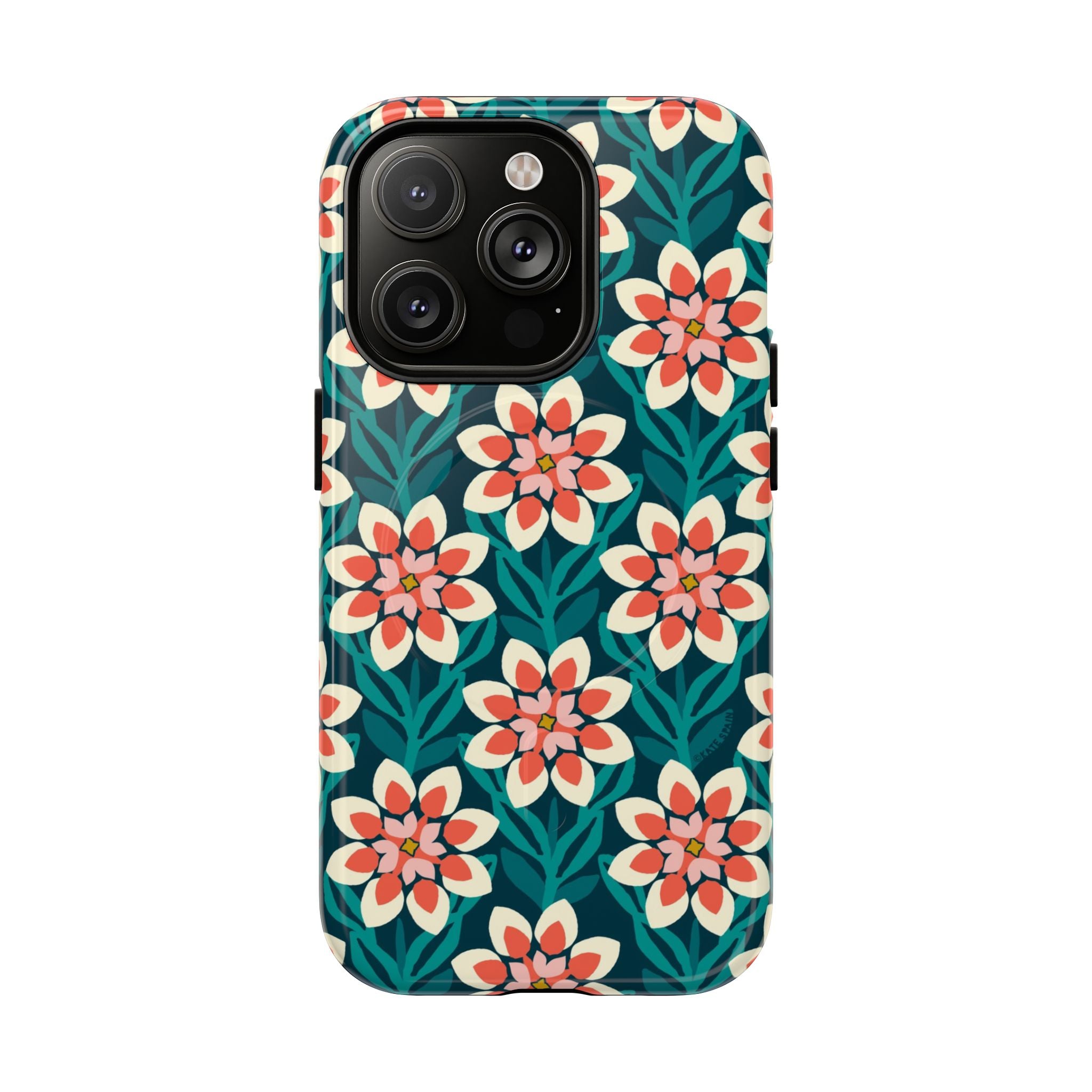 Modern Dahlia MagSafe iPhone 14 Pro Case – Glossy | teal, coral, cream botanical dahlia floral print