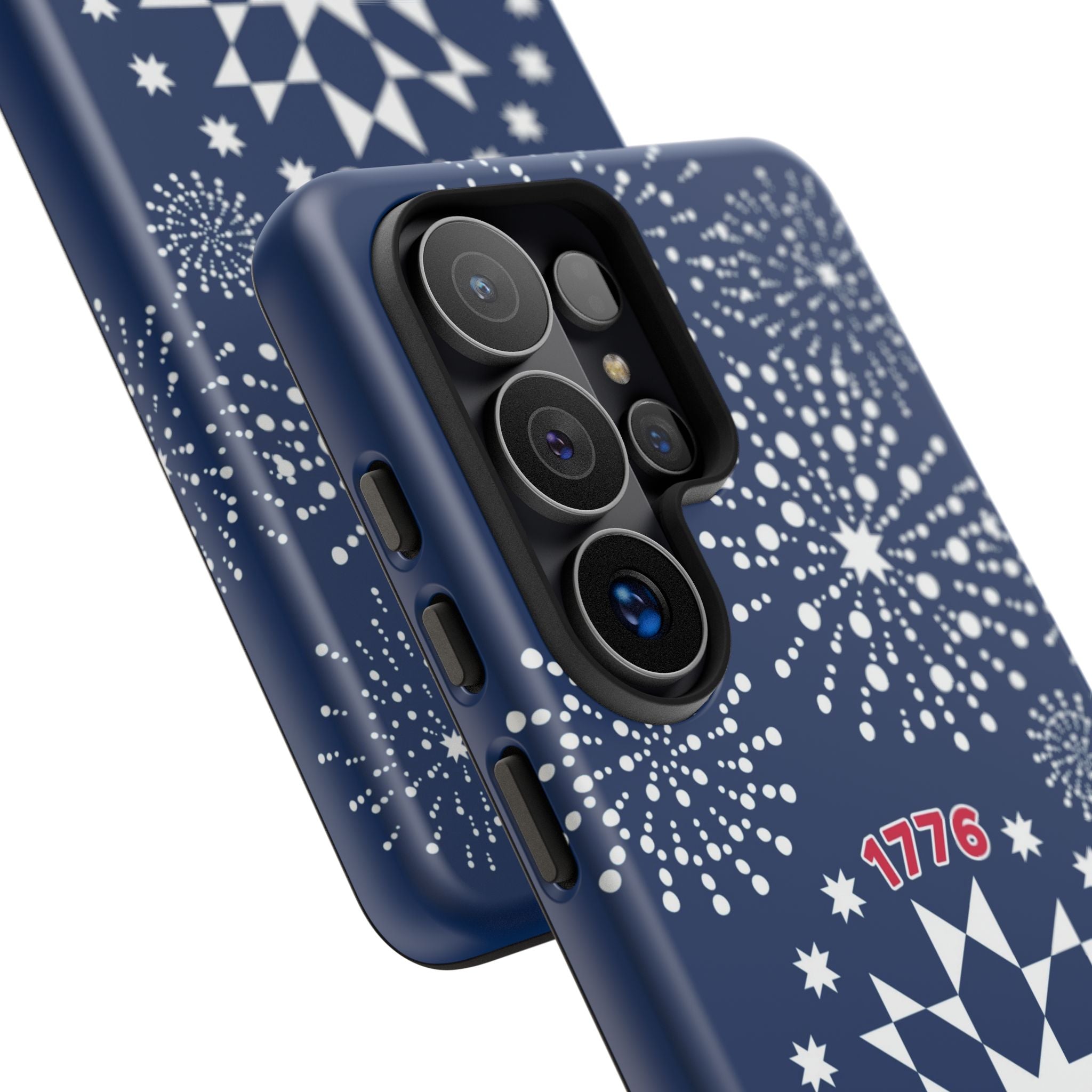 250th Fireworks Samsung Galaxy S26 Ultra Case Matte – side view of buttons and camera cut-out in case in navy, white patriotic star quilt fireworks print